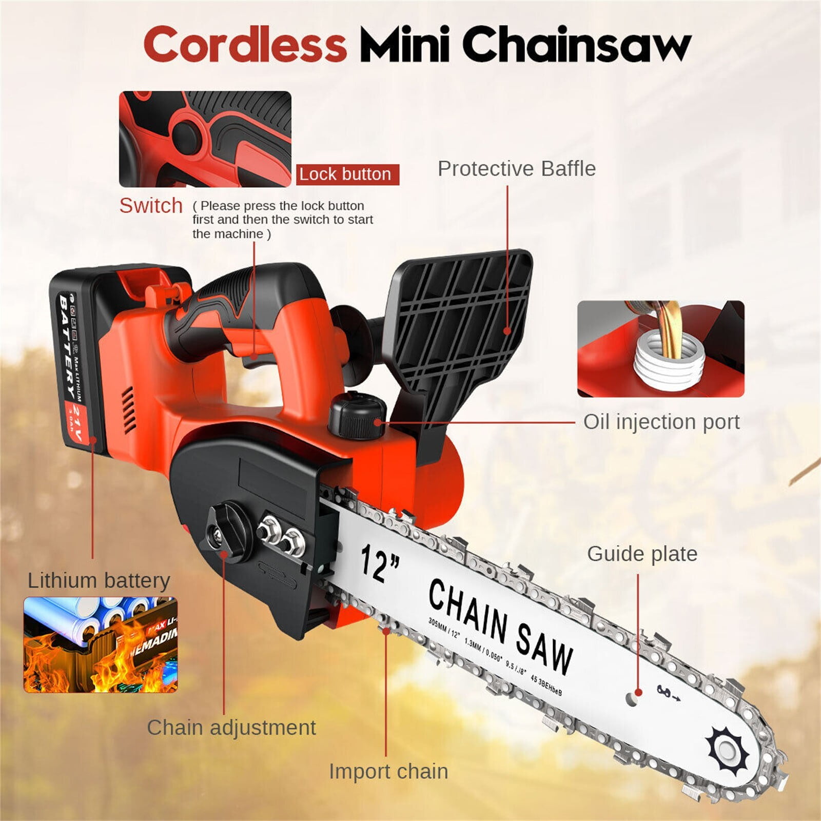 WUKETIN 12" Battery Powered Chainsaw, Lightweight and Portable - Image 4