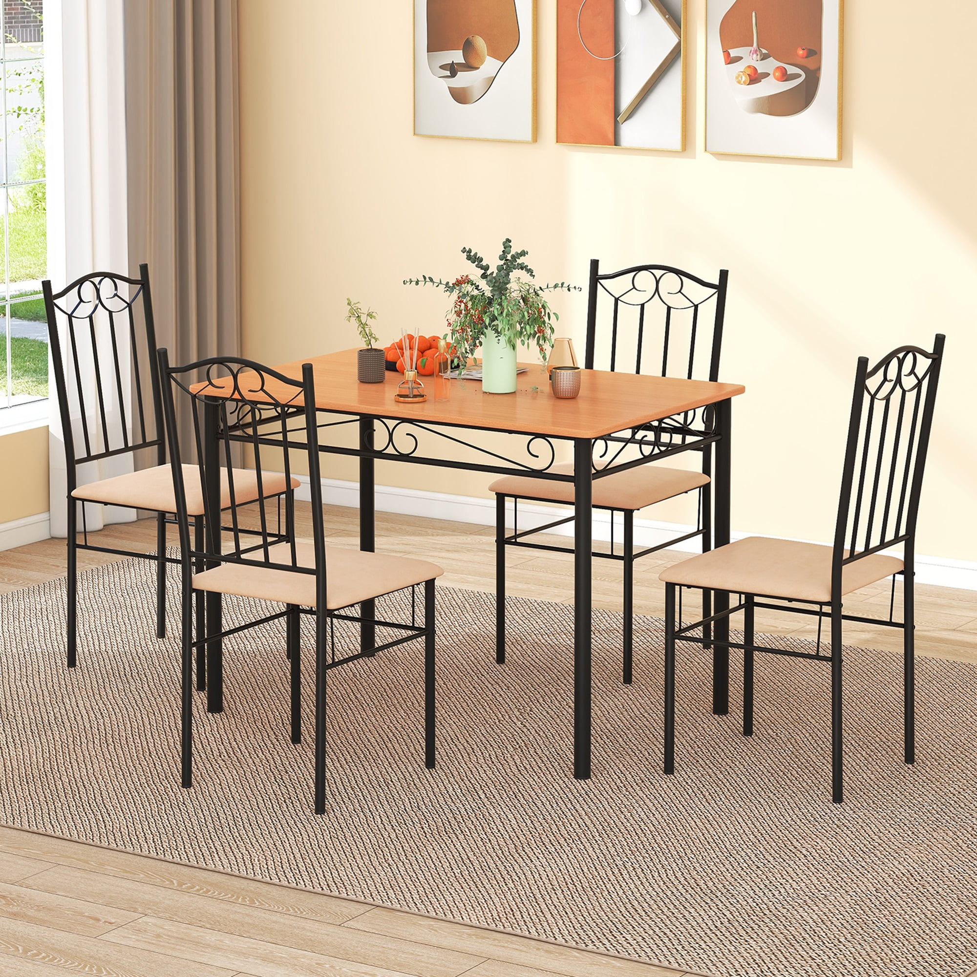 Costway 5 PCS Dining Set Wood Metal 30" Table & 4 Chairs Upholstered Kitchen Breakfast Furniture - Image 3