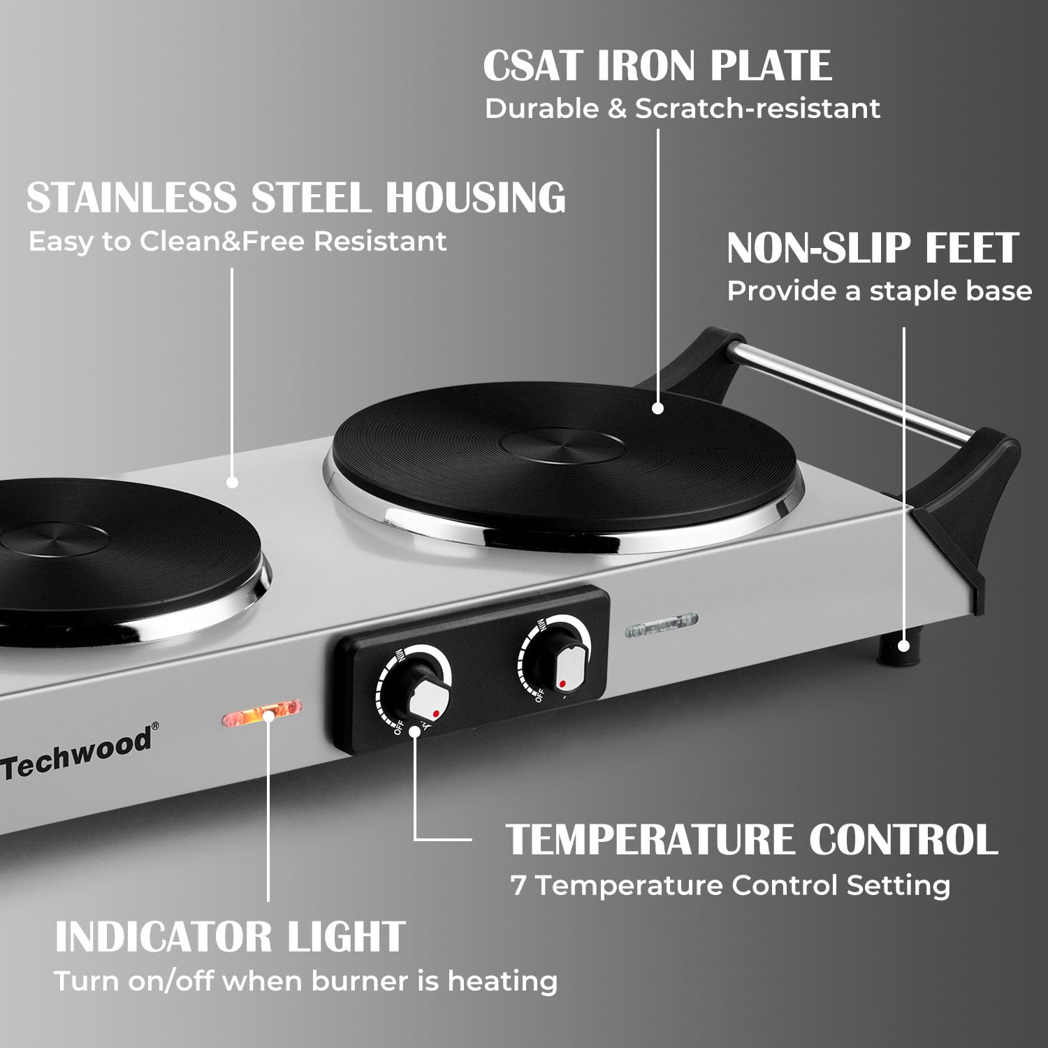 Techwood 1800W Stainless Steel Dual Hot Plate with Stay Cool Handles, Stainless Steel Hot Plate for Kitchen, Dorm, and Camping(Silver) - Image 6