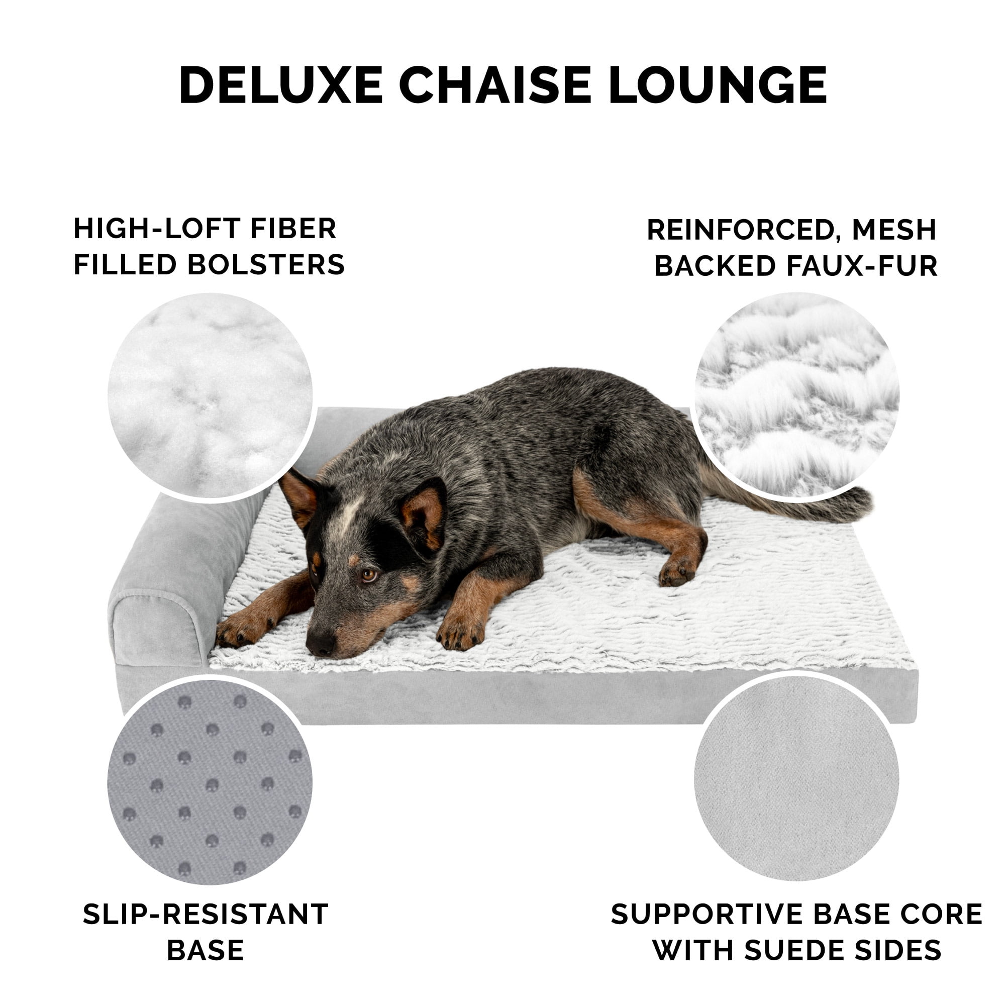 FurHaven Pet Products Jumbo Embossed Faux Fur & Suede Orthopedic Deluxe L-Chaise Dog Bed, Gray - Image 9