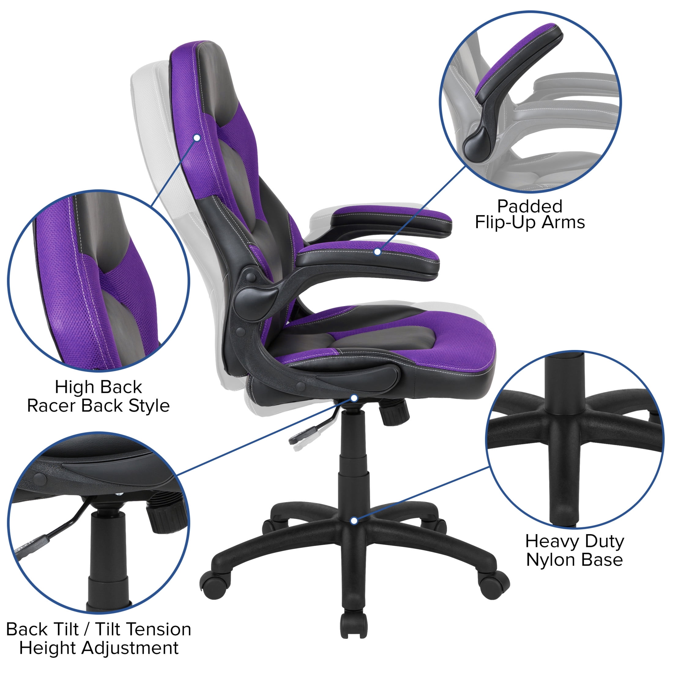 Flash Furniture X10 Gaming Chair, Racing Style Ergonomic Office Chair, Height Adjustable Swivel Computer Chair with Flip-Up Arms, Purple/Black LeatherSoft - Image 10