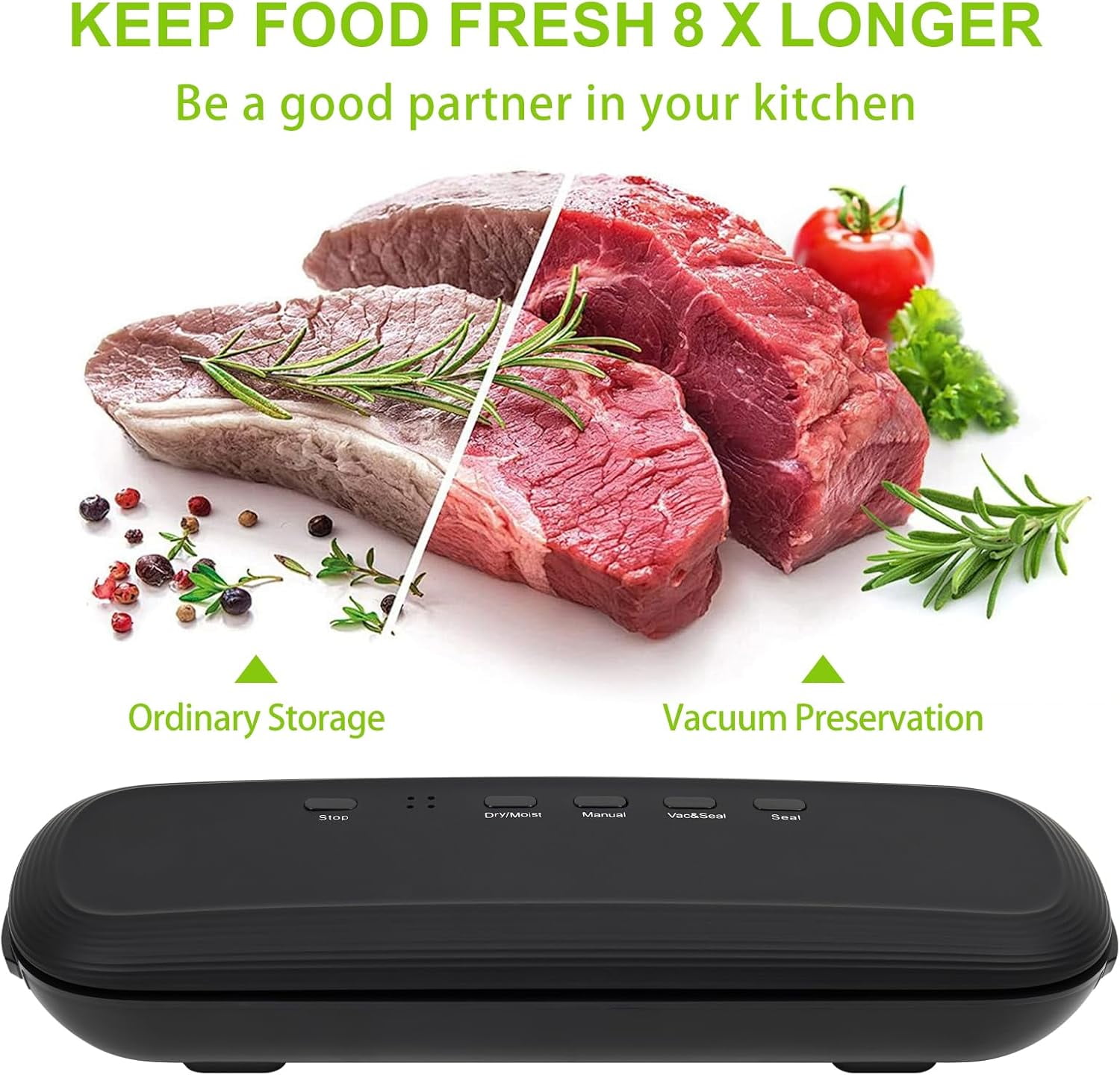 Rongsi Vacuum Sealer Machine, Food Vacuum Sealer Machine with Build-in Cutter, Compact Design with External Vacuum System with 15 Seal Bags Kit, Dry Moist Fresh Modes (Black) - Image 4