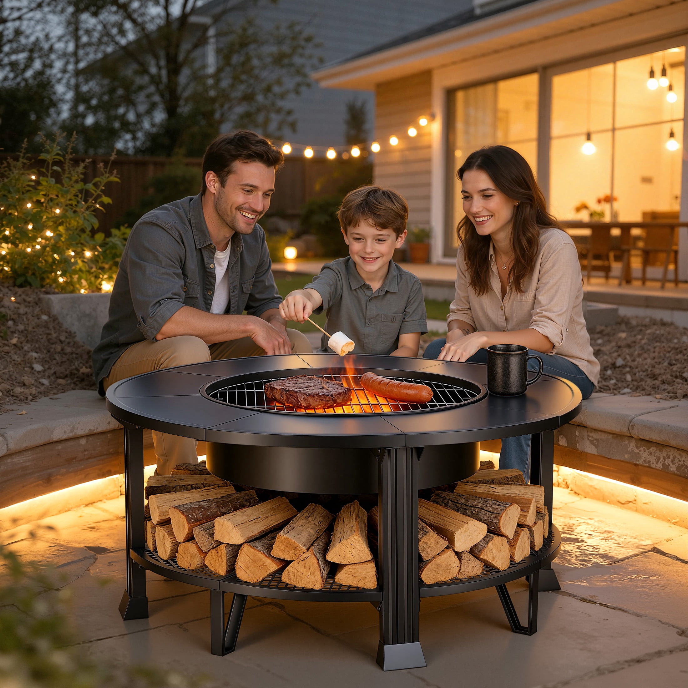Fire Pits for Outside, 38" Wood Burning Fire Pit Table with Poker, BBQ Net Grill, Cover & Firewood Rack, Round Outdoor Fire Pit for Patio, Backyard & Garden, Round Fire Pit/BBQ Fire Pit, Black - Image 5