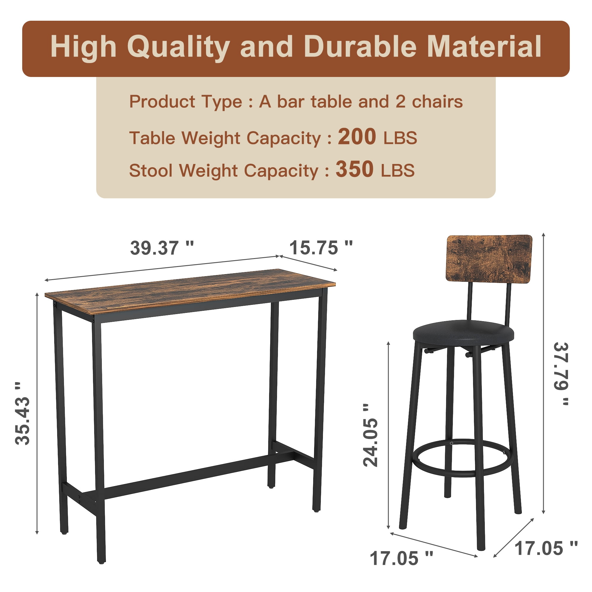 Hommoo Bar Table and Chairs Set, 3-Piece Dining Set Kitchen Breakfast Table, Industrial Dining Table and Round Chairs Set, Rustic Brown - Image 4