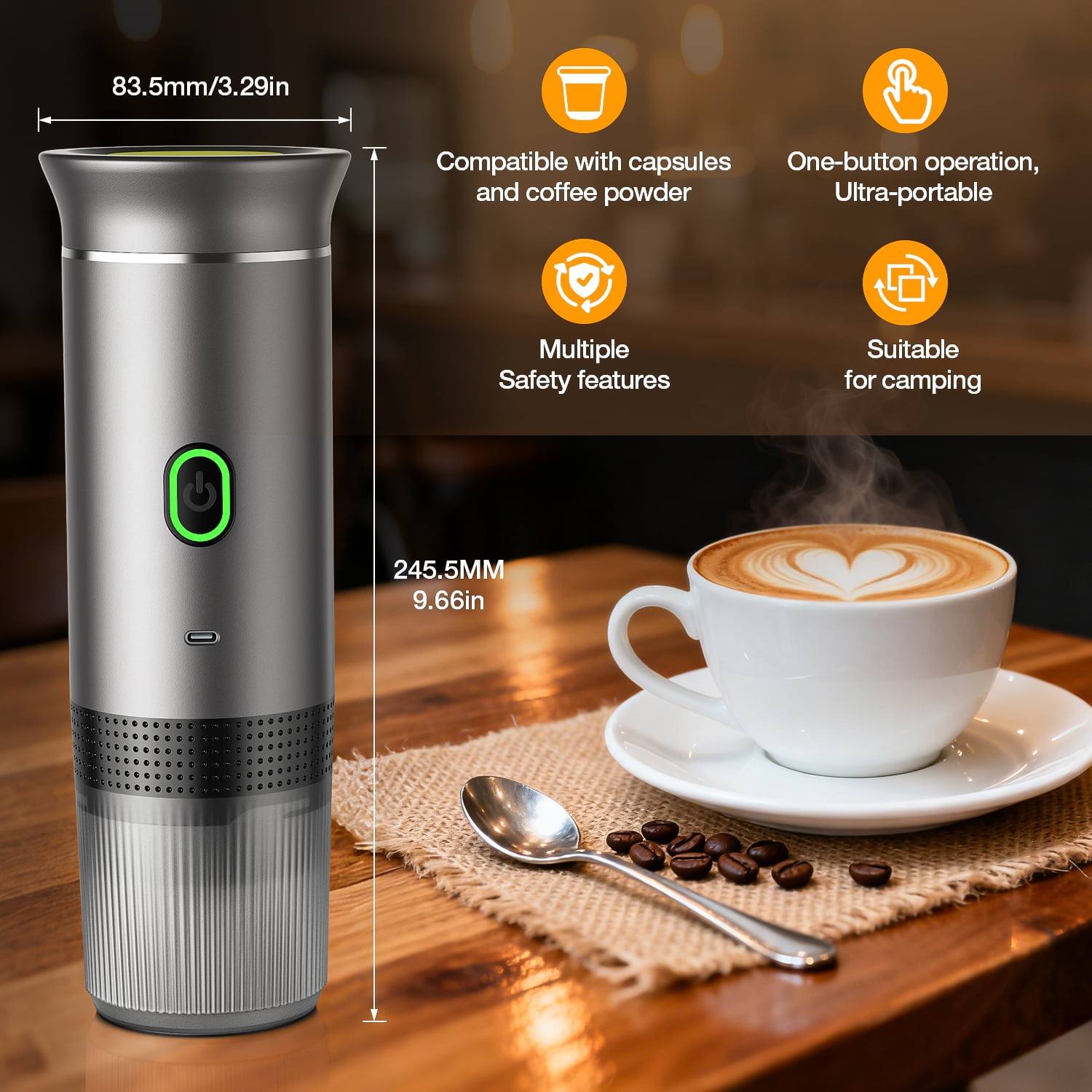 TINANA Portable Espresso Machine for Travel, 3-in-1 Mini Coffee Maker with USB-C, Compatible with NS/DG Capsules/Ground Coffee, 20 Bar, Ideal for Camping, Car, Office & Gifts, Gray - Image 6