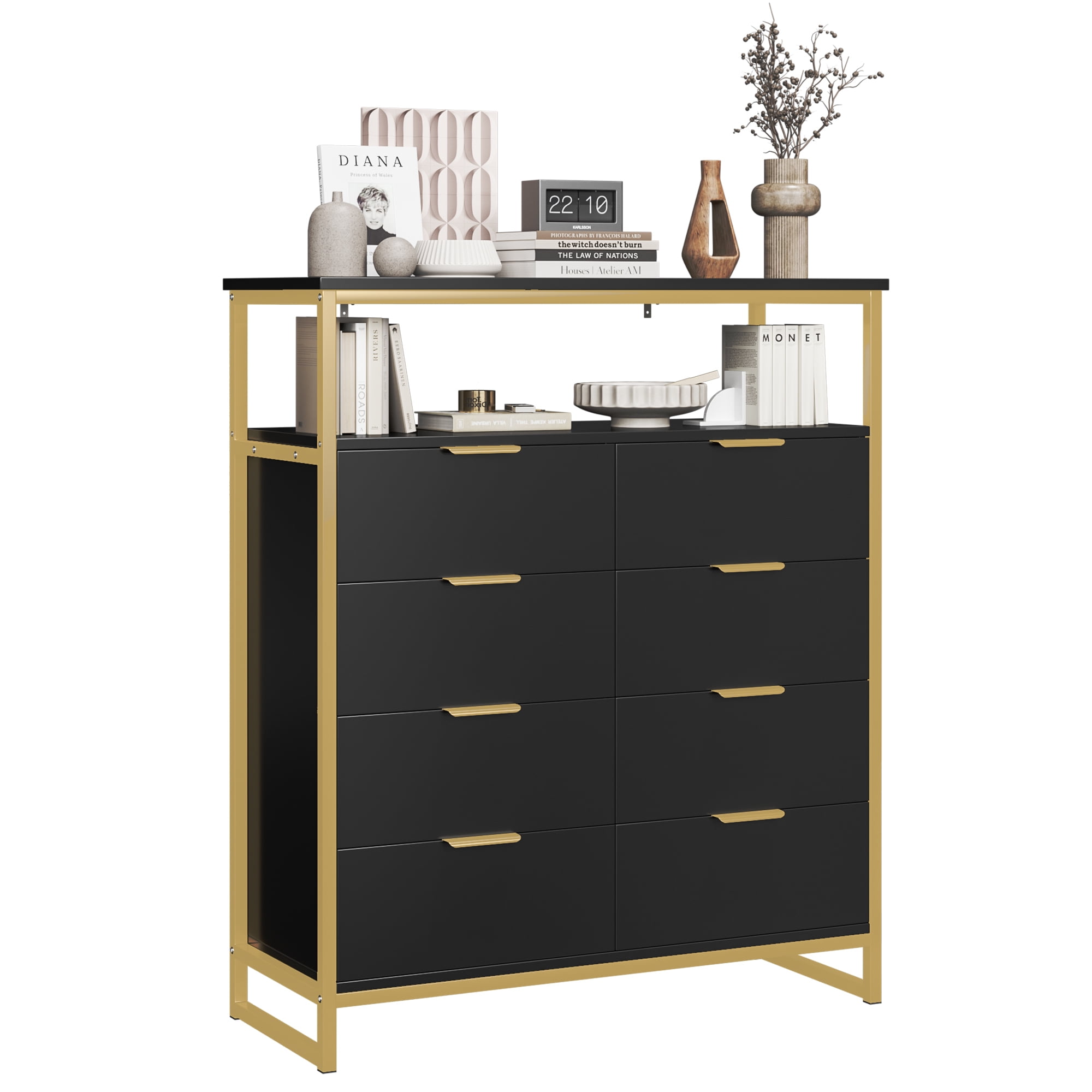 Homfa 8 Drawer Dresser for Bedroom, Modern Chest of Drawer, Wood Storage Cabinet with Shelf for Living Room, Black Gold - Image 3