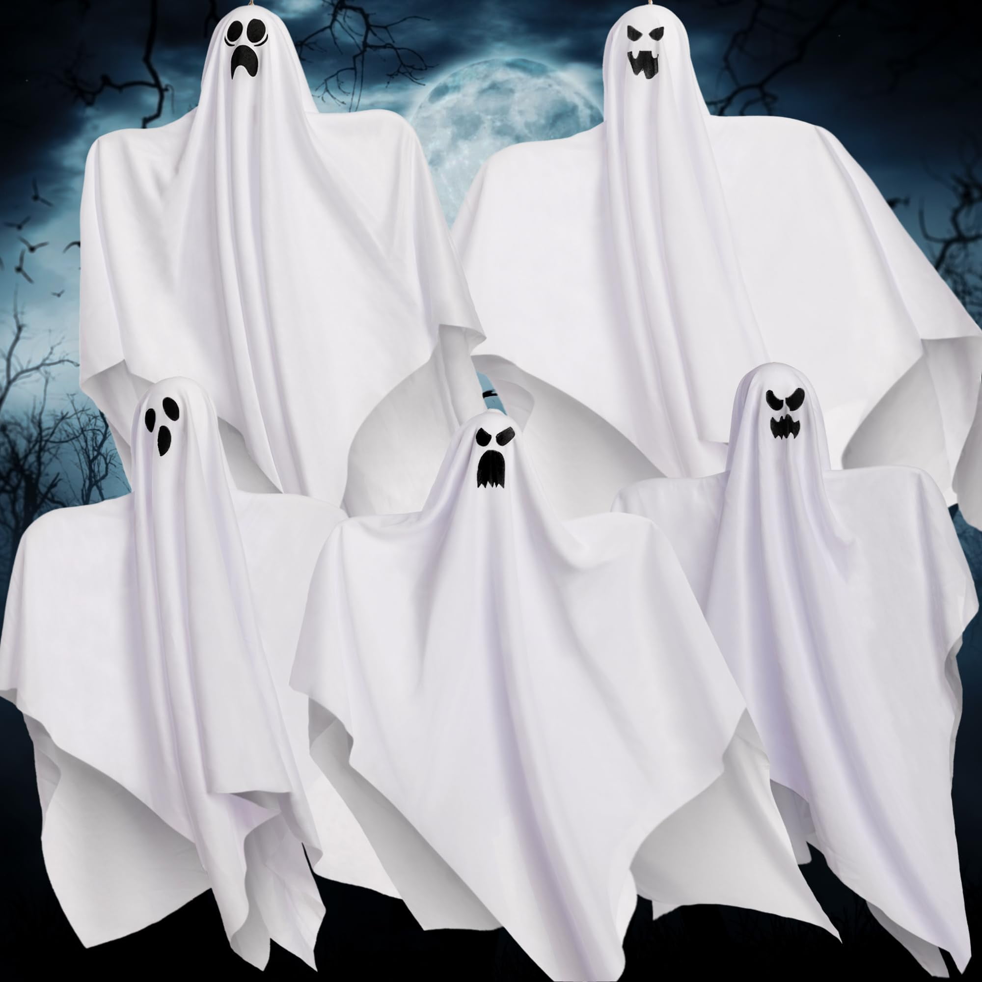 JOYIN 27.5" 5 Pack Halloween Hanging Ghosts for Halloween Party Decoration, Cute Flying Ghost for Front Yard Patio Lawn Garden Party Décor and Holiday Halloween Hanging Decorations - Image 7