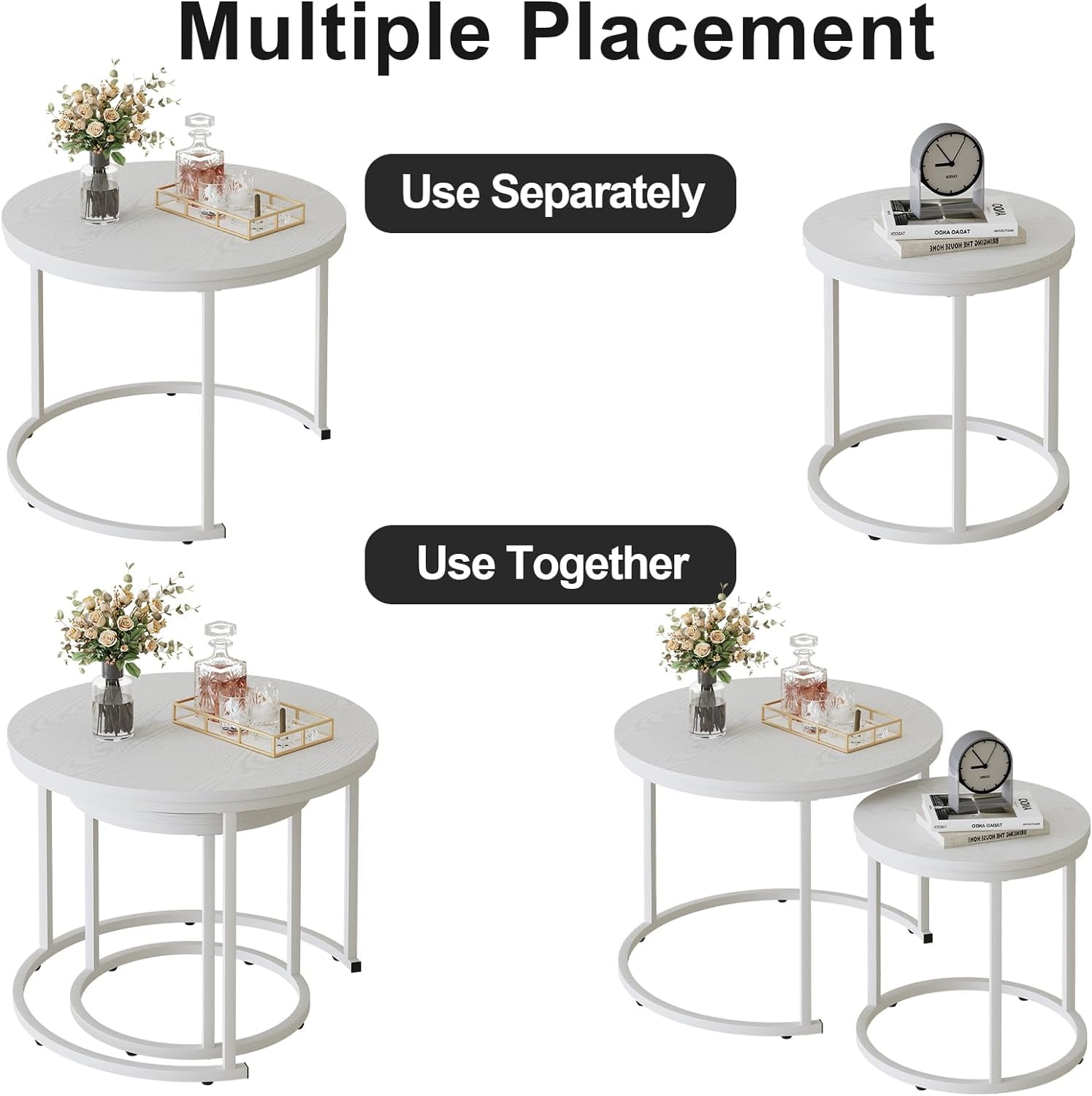 Nesting Coffee Table Round Side Table Set of 2 End Tables for Living Room Bedroom Balcony,White Wooden Stacking Accent Coffee Tables with Metal Frame - Image 4