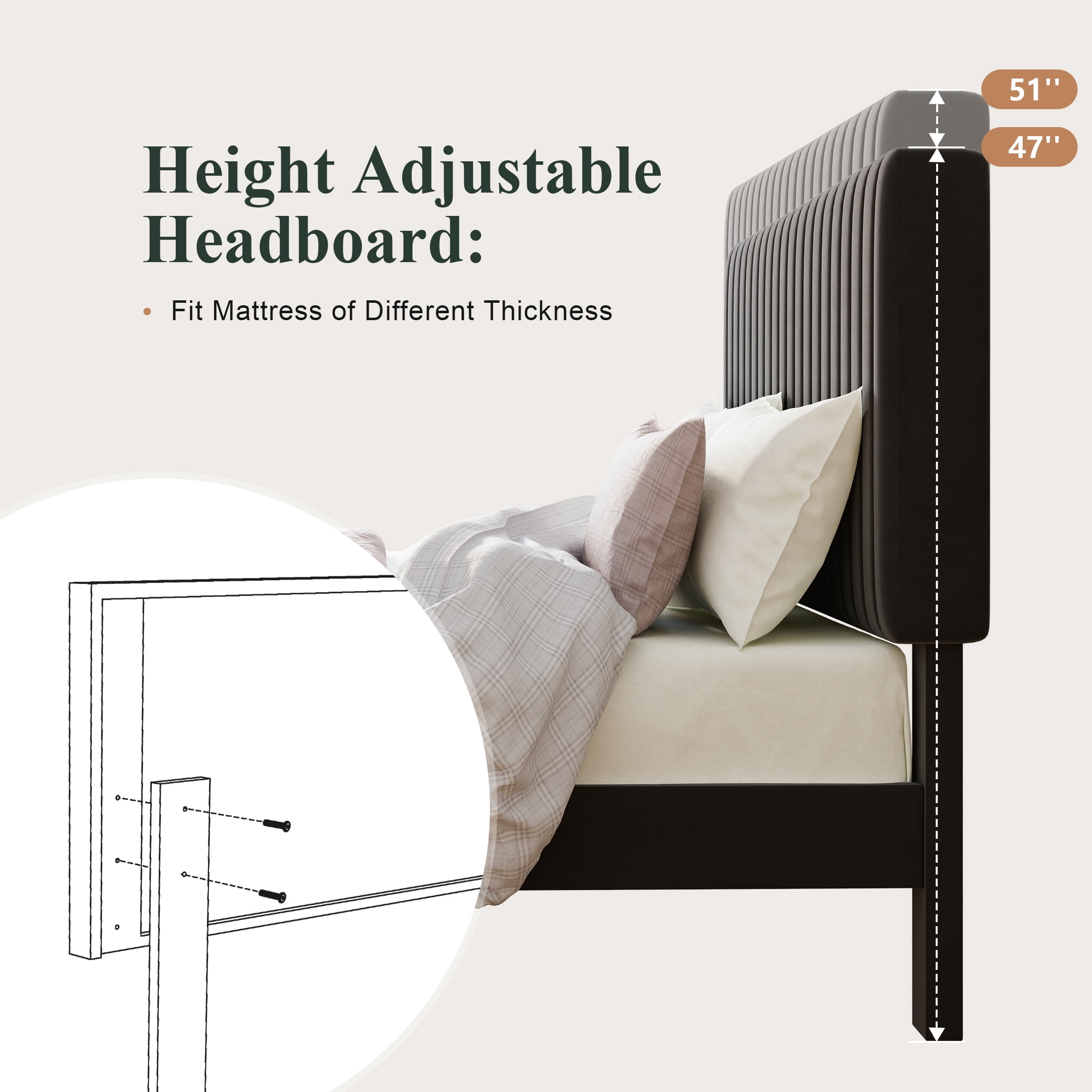 Amolife Queen Size Upholstered Platform Bed Frame with Adjustable Velvet Headboard, Black - Image 4