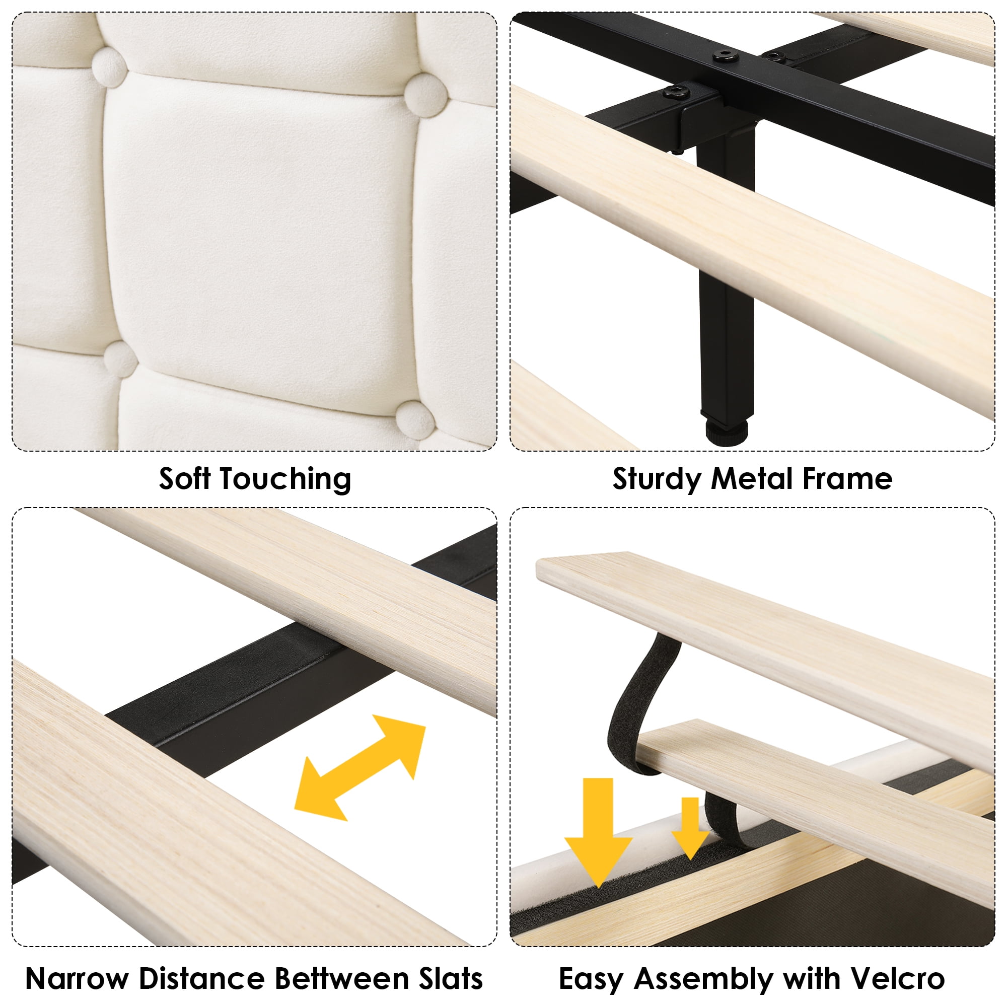 Homfa Twin Size Floating Bed Frame with RGB LED Lights Charging Station, Modern Velvet Upholstered Platform Bed Frame with Storage Headboard, Off-White - Image 6