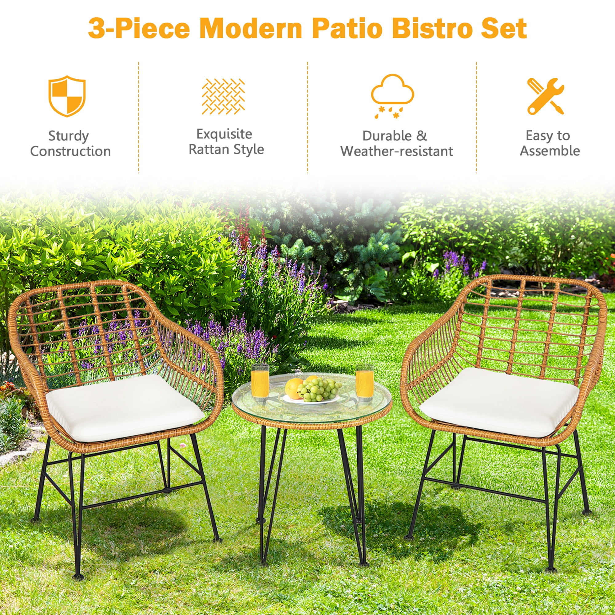 Gymax 3PCS Rattan Patio Bistro Set Conversation Furniture Set w/ White Cushions - Image 5