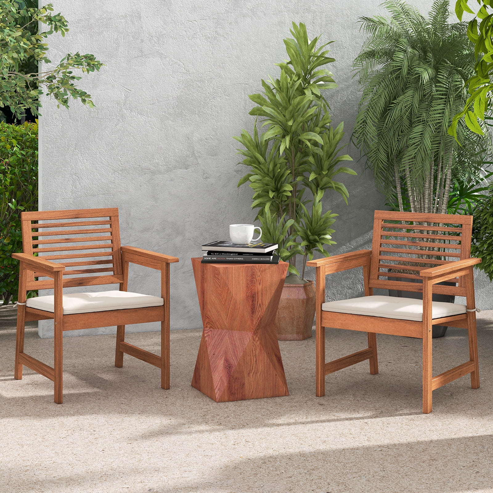 Costway Set of 2 Outdoor Dining Chair Patio Solid Wood Chairs with Comfortable Cushions - Image 6