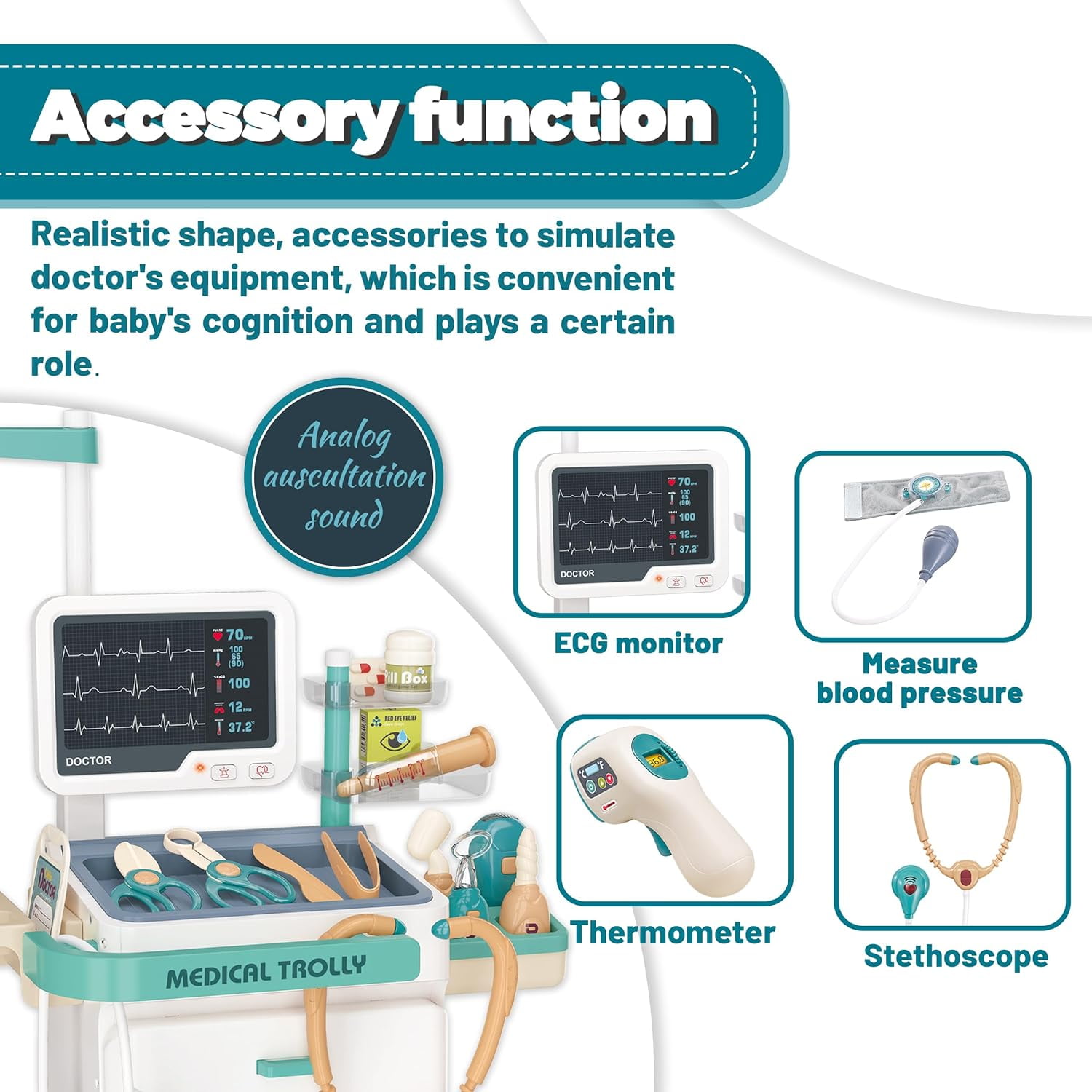 Toy Doctor Kit for Kids, Pretend Medical Station Set for Boys & Girls, 28 Accessories Mobile Cart with Lights and Thermometer, Kids Doctor Kit for Toddlers 3-5 Years Old - Image 5