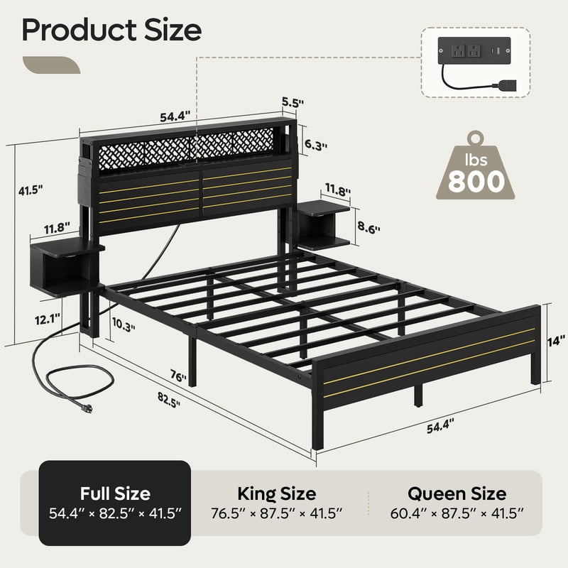Bestier Full Size Metal Platform Bed Frame with Storage Headboard Charging Station & 2 Nightstands LED Lights, Black - Image 6