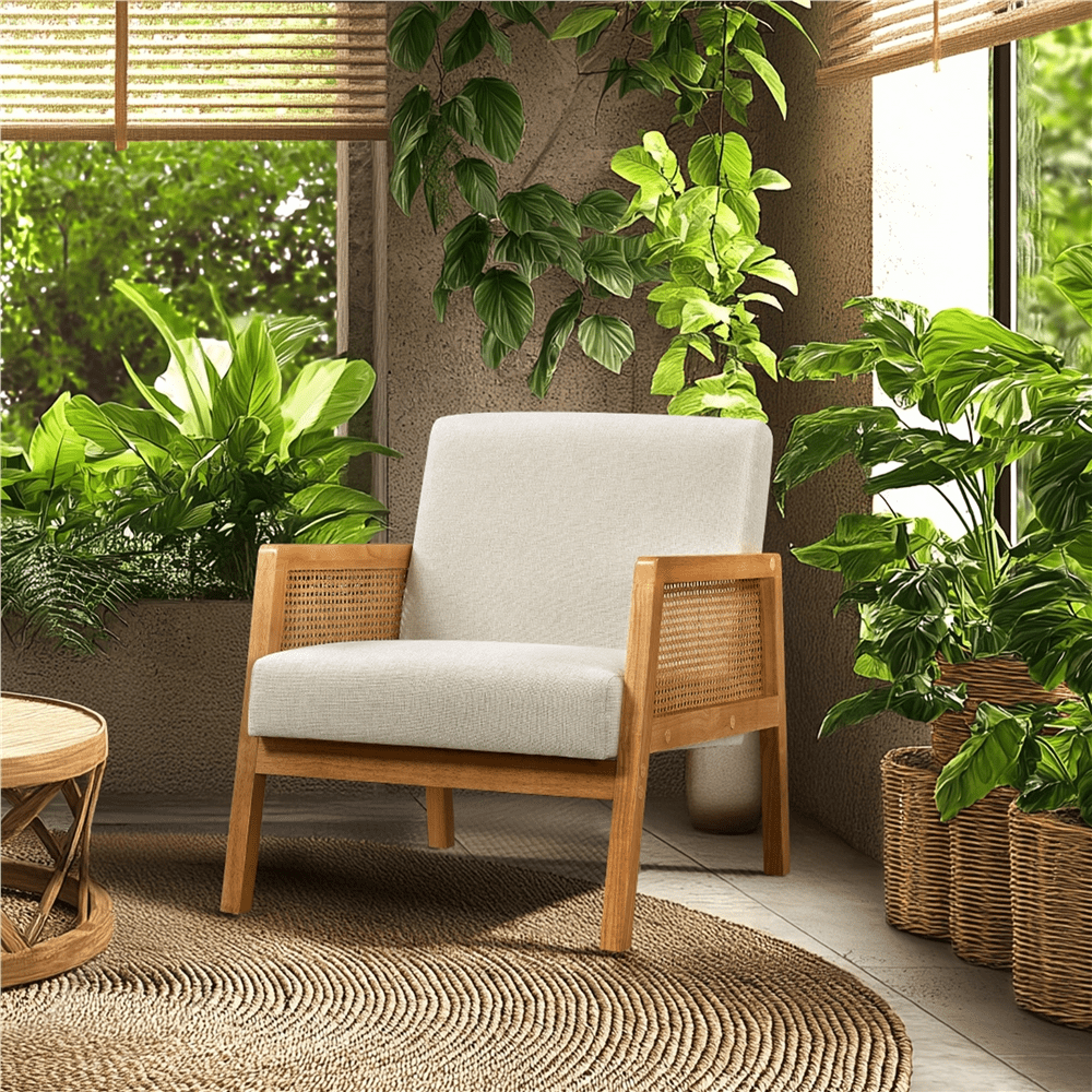 Renwick Fabric Upholstered Accent Chair with Rattan Sides for Living Rooms,Beige - Image 10