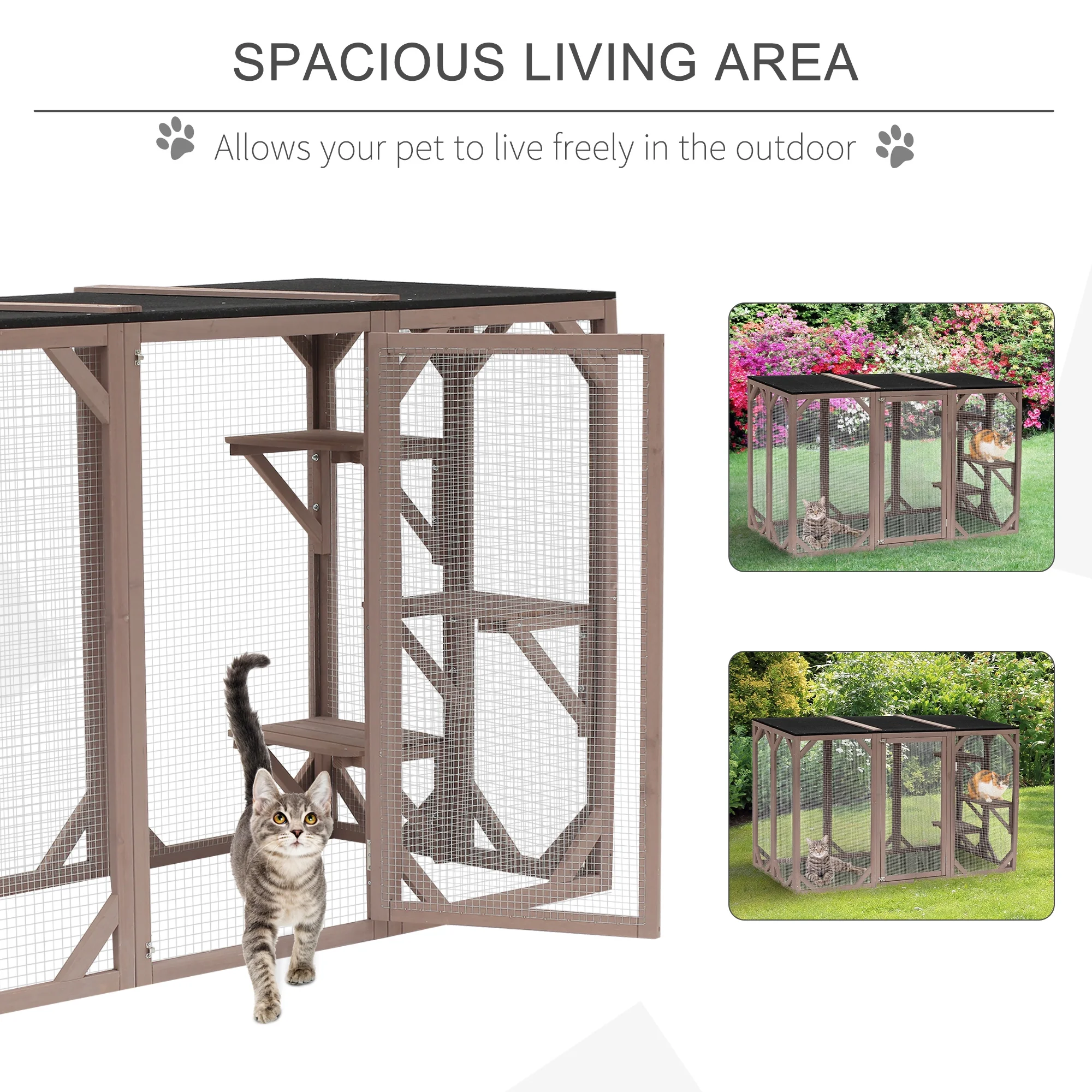 PawHut Wooden Outdoor Cat House Catio Kitten Enclosure Indoor Cage with Asphalt Roof, Multi-Level Platforms and Large Enter Door - 71"L, Brown - Image 4