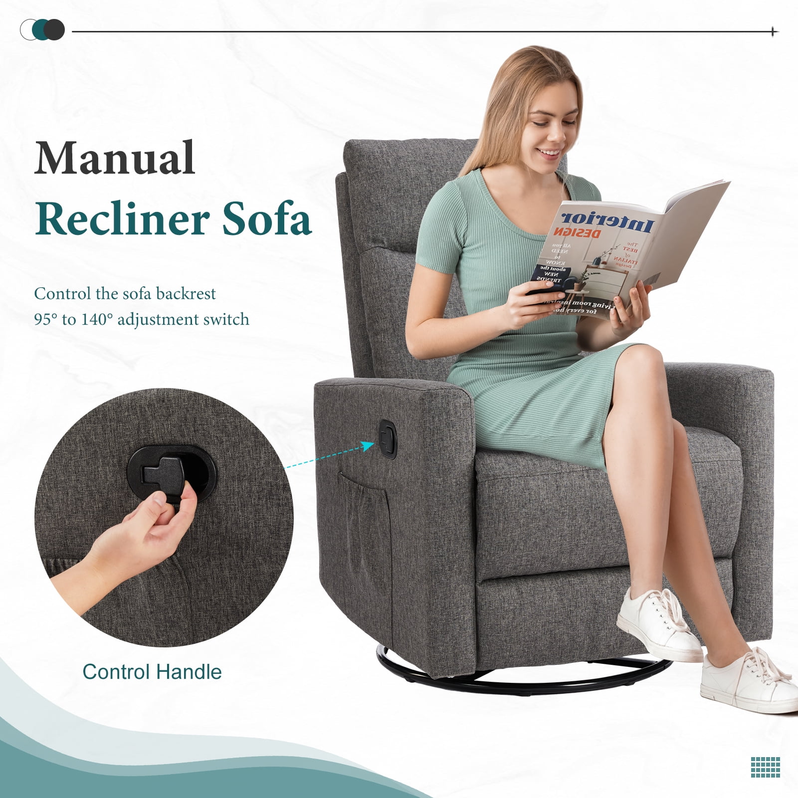 Recliner Message Chair with Footrest, Swivel Rocking Glider, High Back Upholstered Deep Seat for Living Room, Grey - Image 4