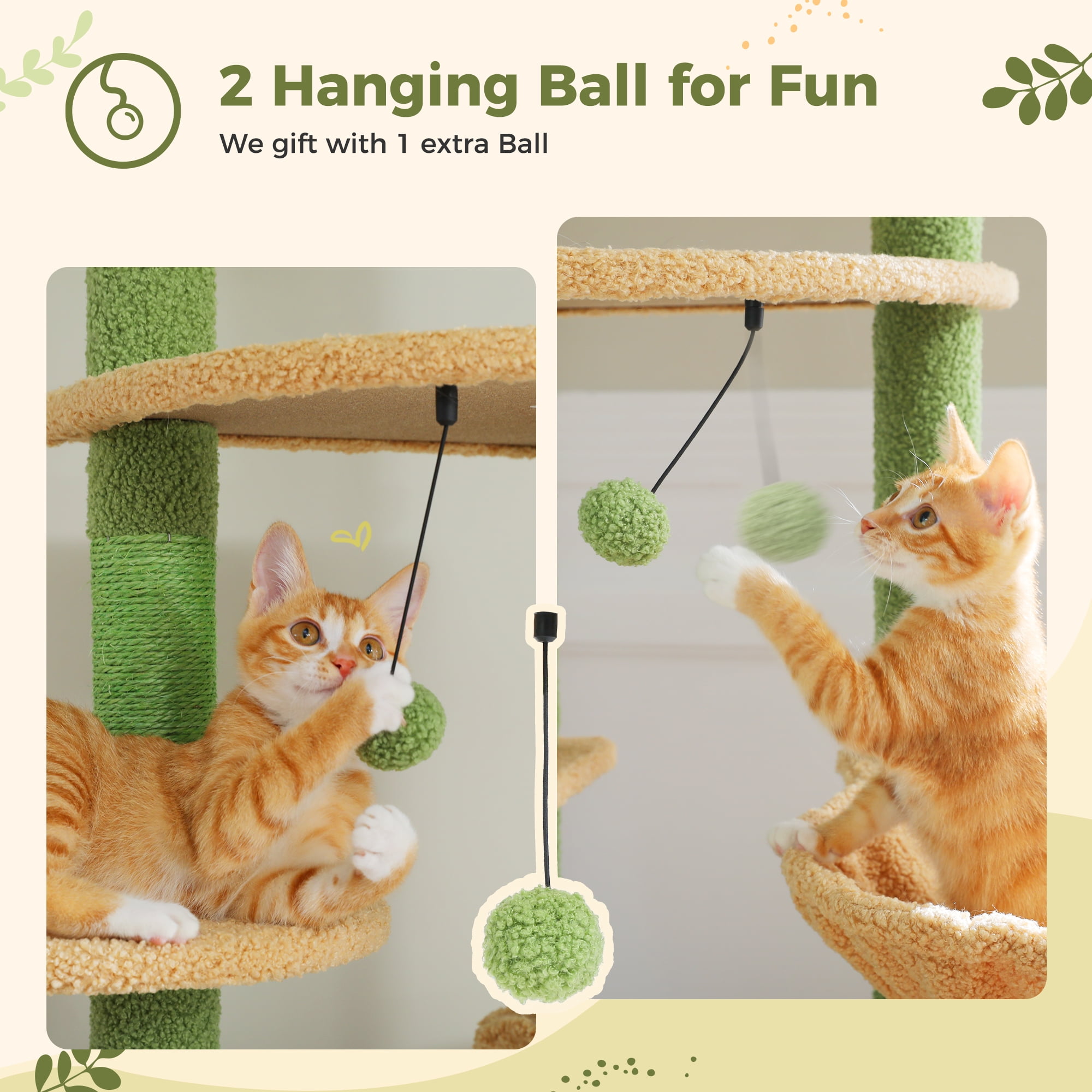 PAWZ Road 90.5-100.4" Floor to Ceiling Cat Tree Tower, Adjustable Climbing Tree for Indoor Cats, Green - Image 2