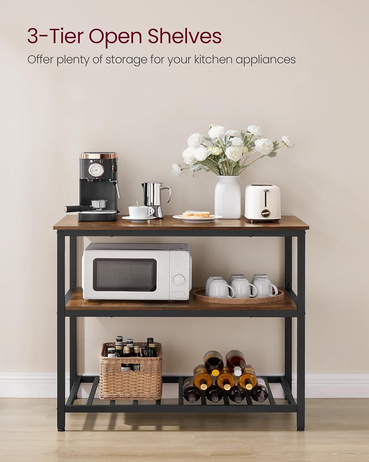 Kitchen Island with 3 Shelves, 39.4 Inches Kitchen Shelf with Large Worktop, Stable Steel Structure, Industrial, Easy to Assemble, Rustic Brown and Black - Image 6