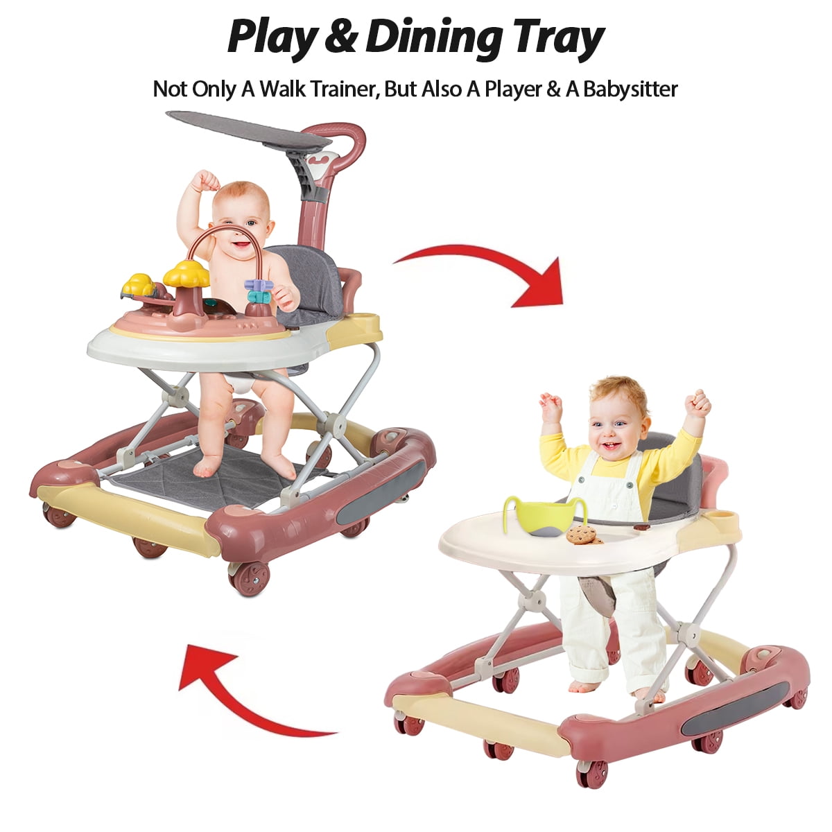 Jonster Baby Walker, 4 in 1 Foldable Walkers with Wheels & Removable Feeding & Music Tray, Activity Center for Baby Boys / Girls, Pink - Image 3