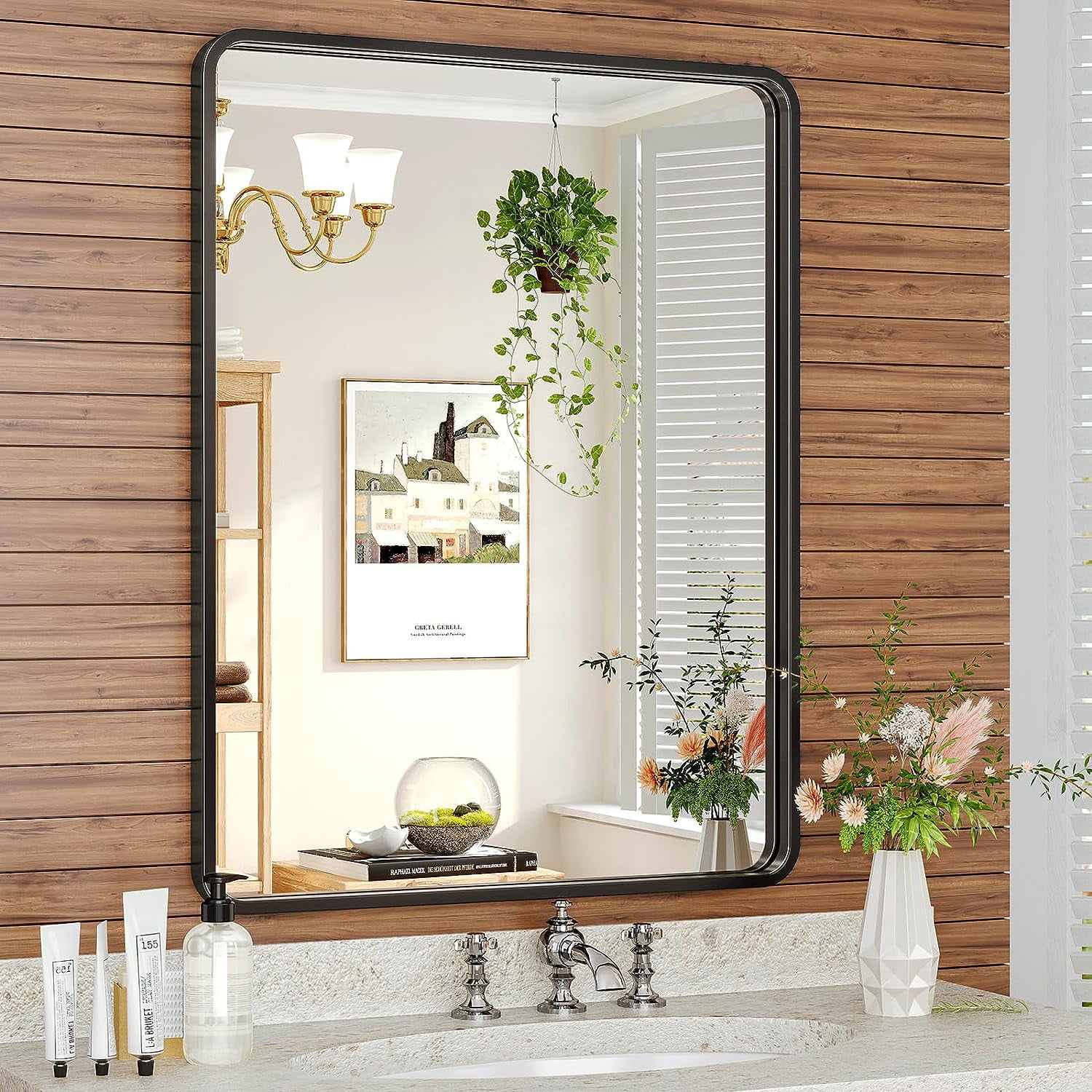 Black Bathroom Mirrors Wall Mirror 22x28 Inch, Modern Bathroom Vanity Wall Mirror with Rectangular Metal Frame & Round Corner for Living Room Bedroom Bathroom, Explosion-proof HD Glass - Image 7
