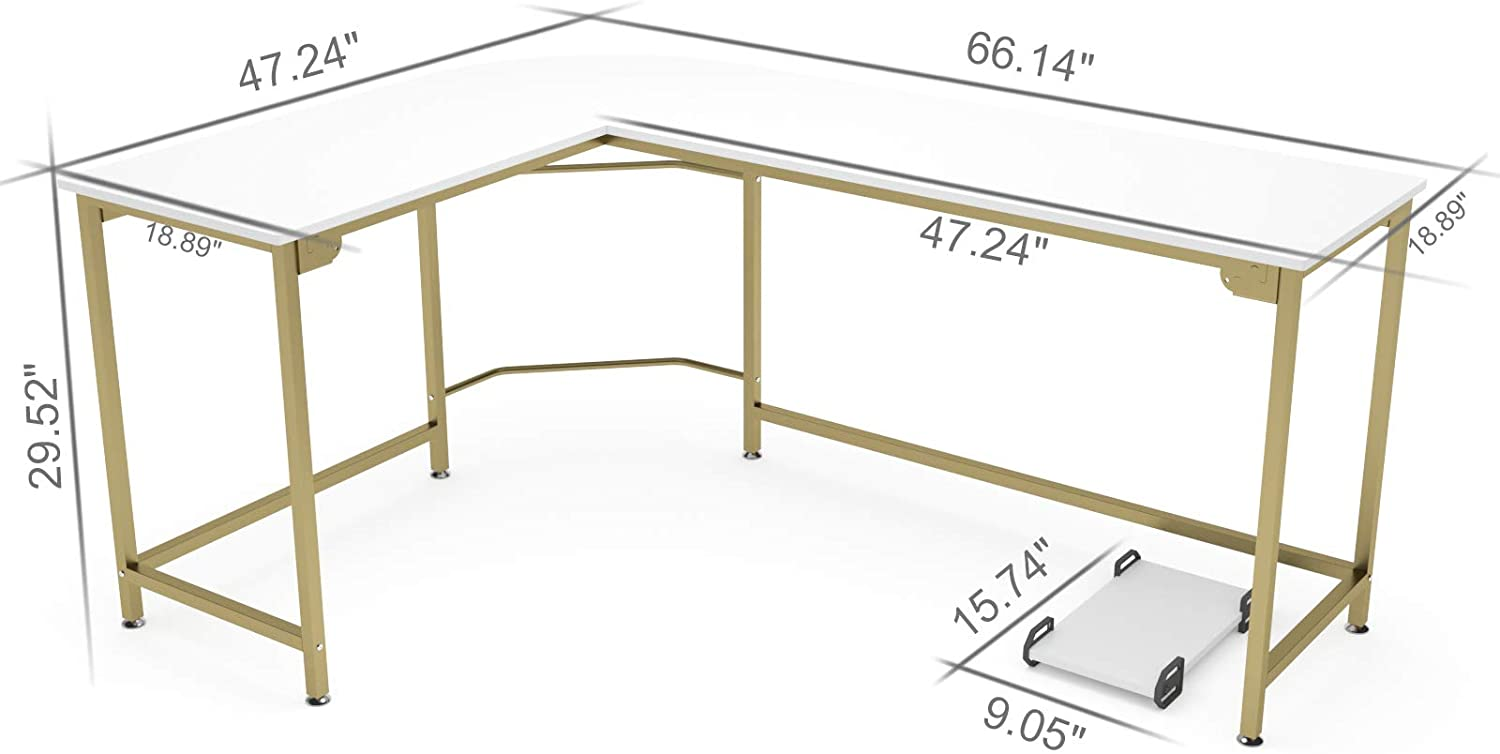 GEZEN Modern L-Shaped Computer Desk PC Latop Corner Table for Home Office, White with Gold Frame - Image 3