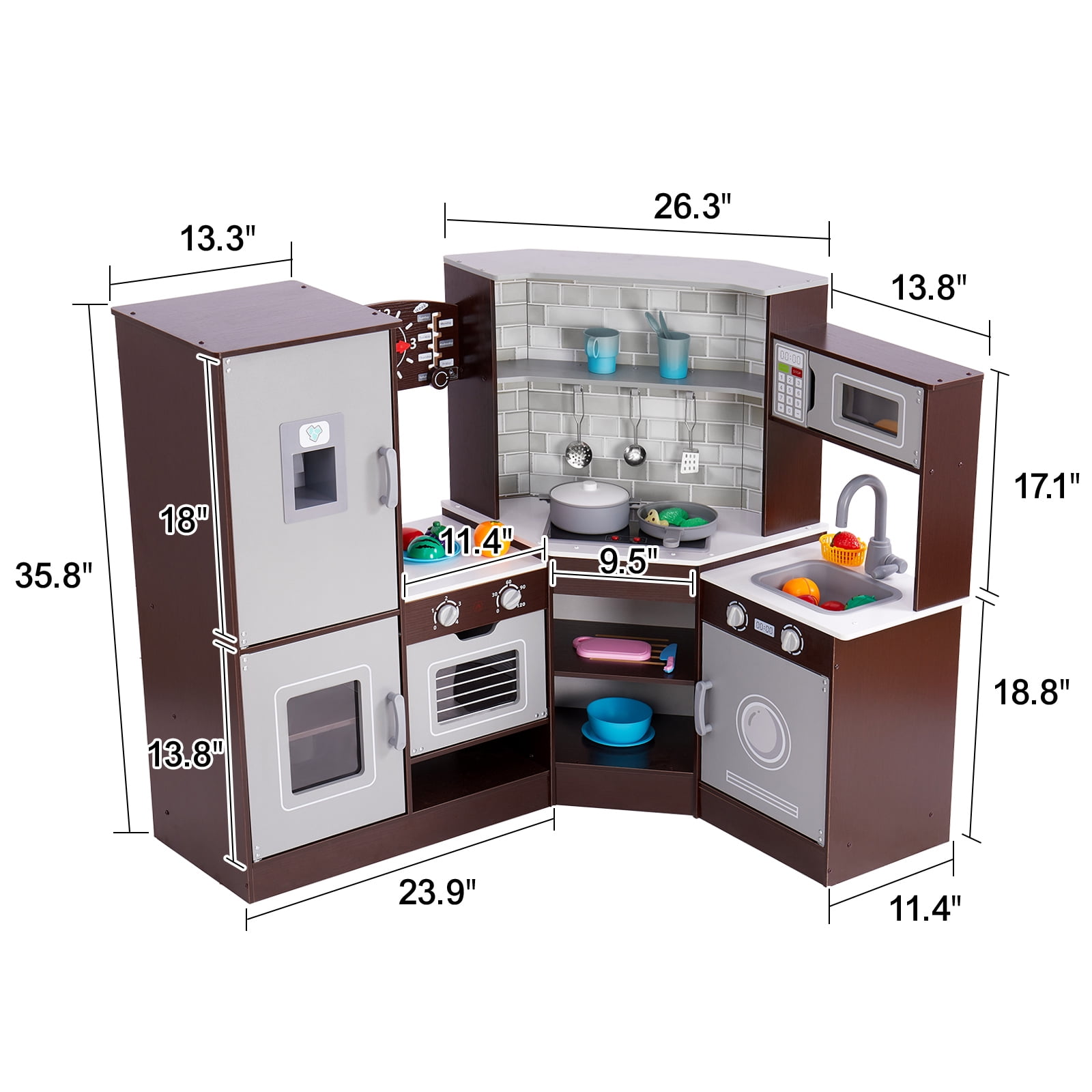 KFFKFF Play Kitchen Set for Kids, Includes Light & Sound Features, Kids' Kitchen with Ice Dispenser, Oven, Sink, Clock, Microwave, Fridge & Accessories, Ideal for Toddlers & Preschoolers, in Brown - Image 5