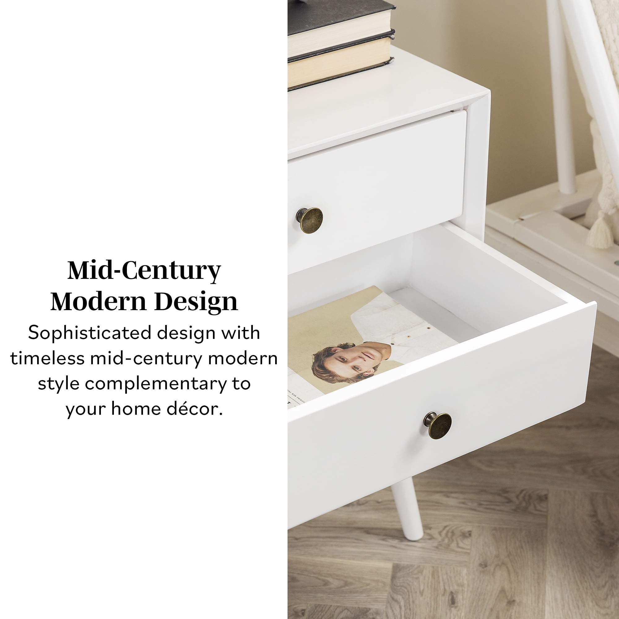 Walker Edison Mid Century Modern 2 Drawer Nightstand, White - Image 7