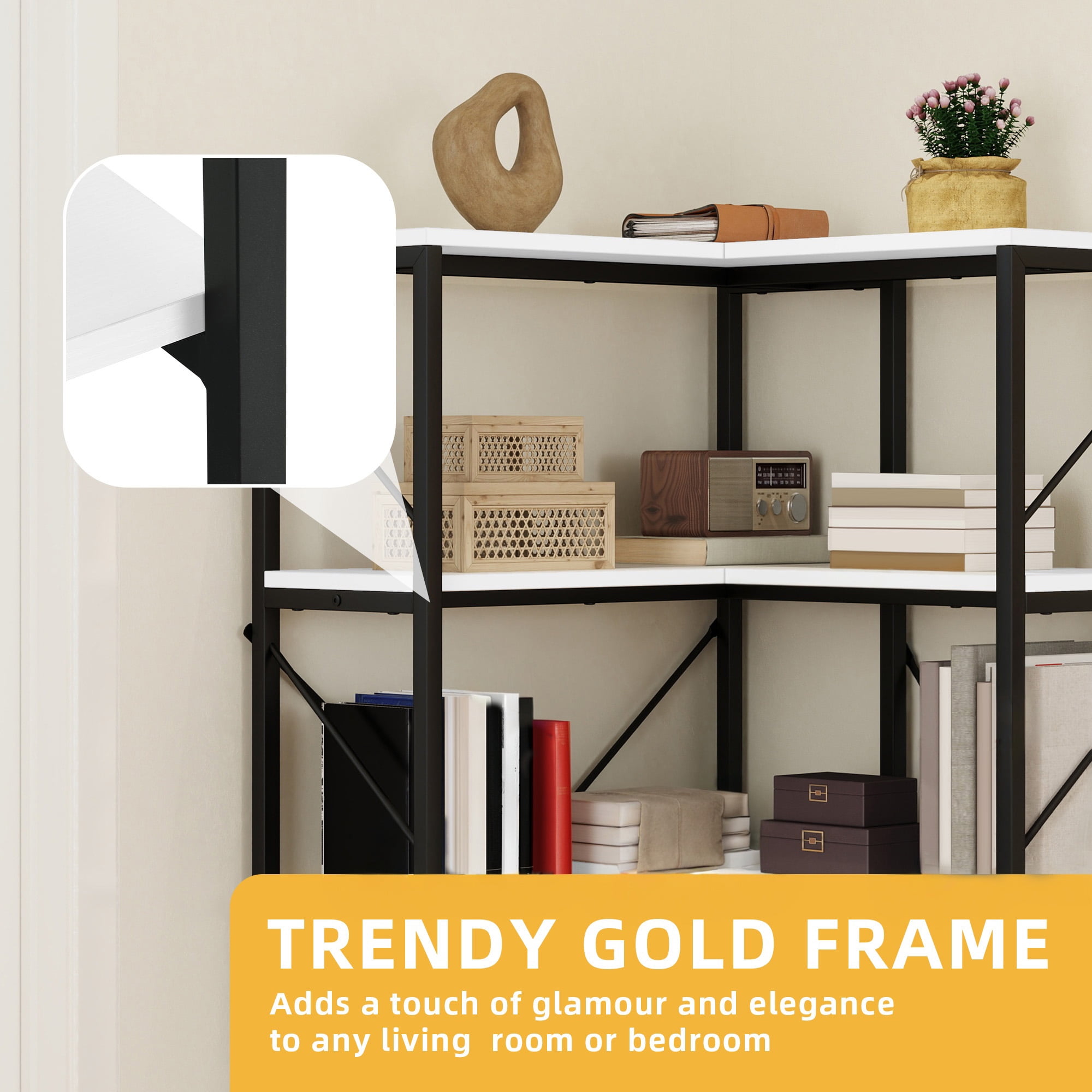 Uforic 5-Tier Corner Bookshelf, Corner Shelf Display Bookcase with Metal Frame for Home Office, White - Image 2