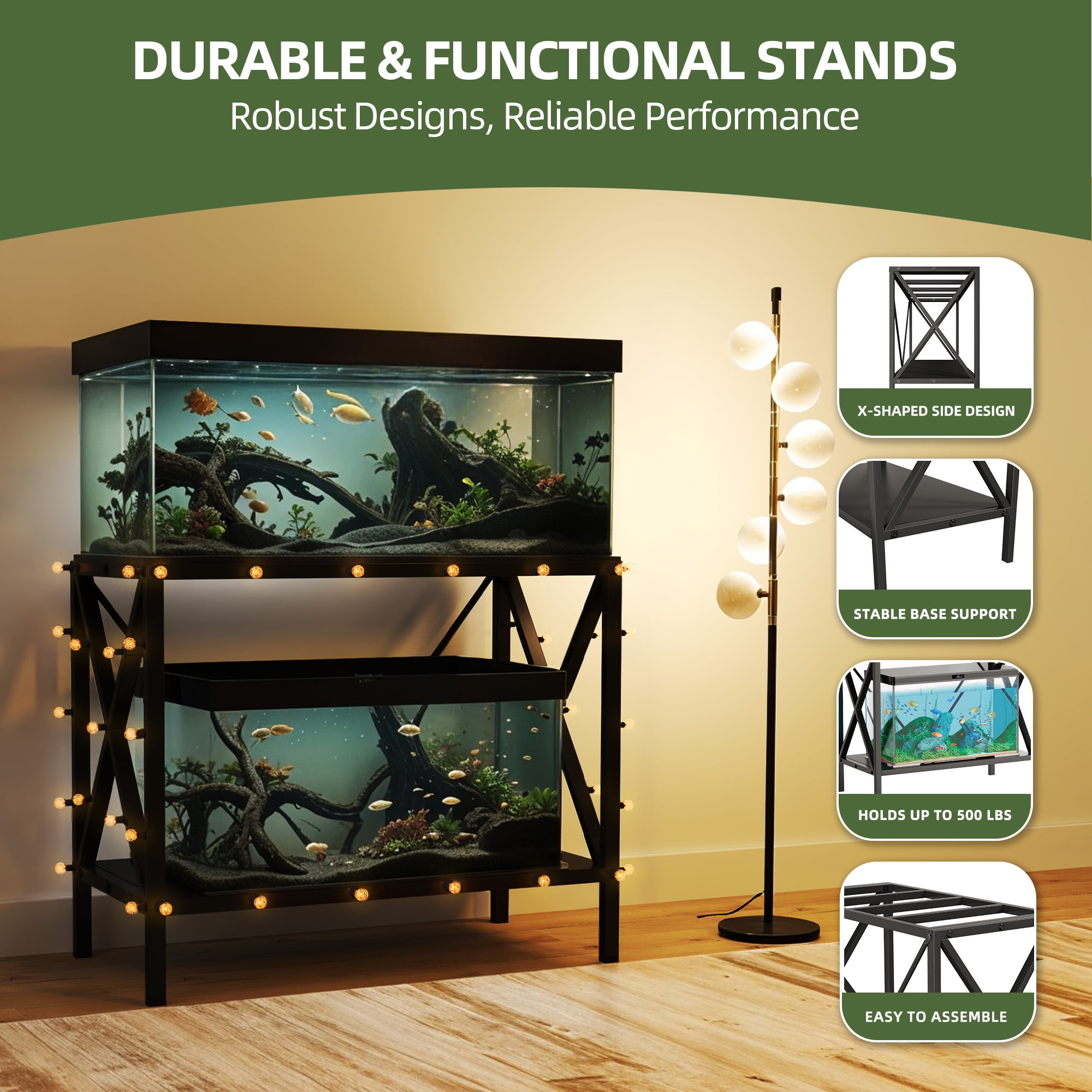 Uforic X-Shape 10-40 Gallon Double-Layer Storage Metal Fish Tank Stand, 500 Lbs Capacity, Black - Image 7