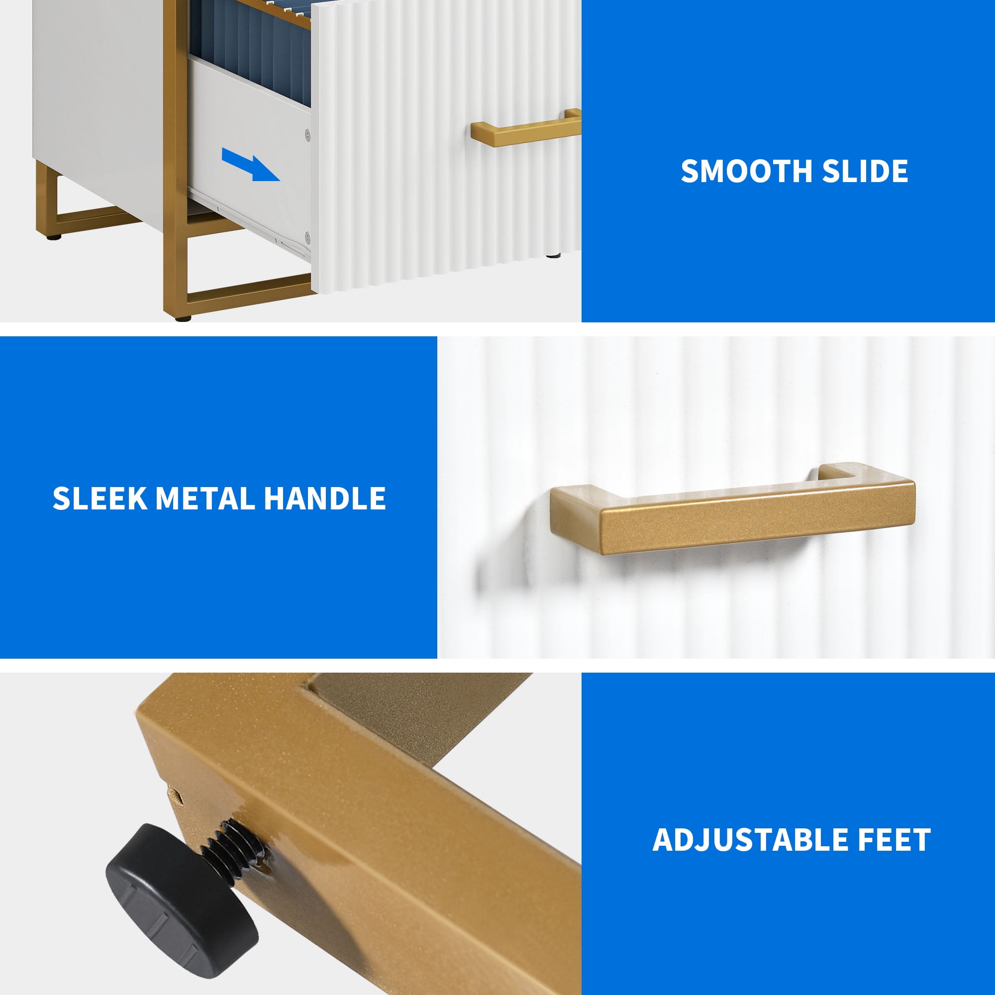 Dextrus 2 Drawer File Cabinet with Metal Legs , Wood Lateral Filing Cabinet Printer Stand Fits A4 Letter Legal Size Files for Home Office, White & Gold - Image 9