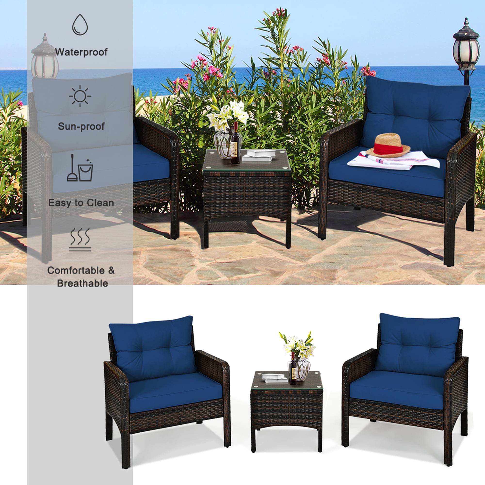 Gymax 3PCS Rattan Patio Conversation Furniture Set Yard Outdoor w/ Navy Cushions - Image 3