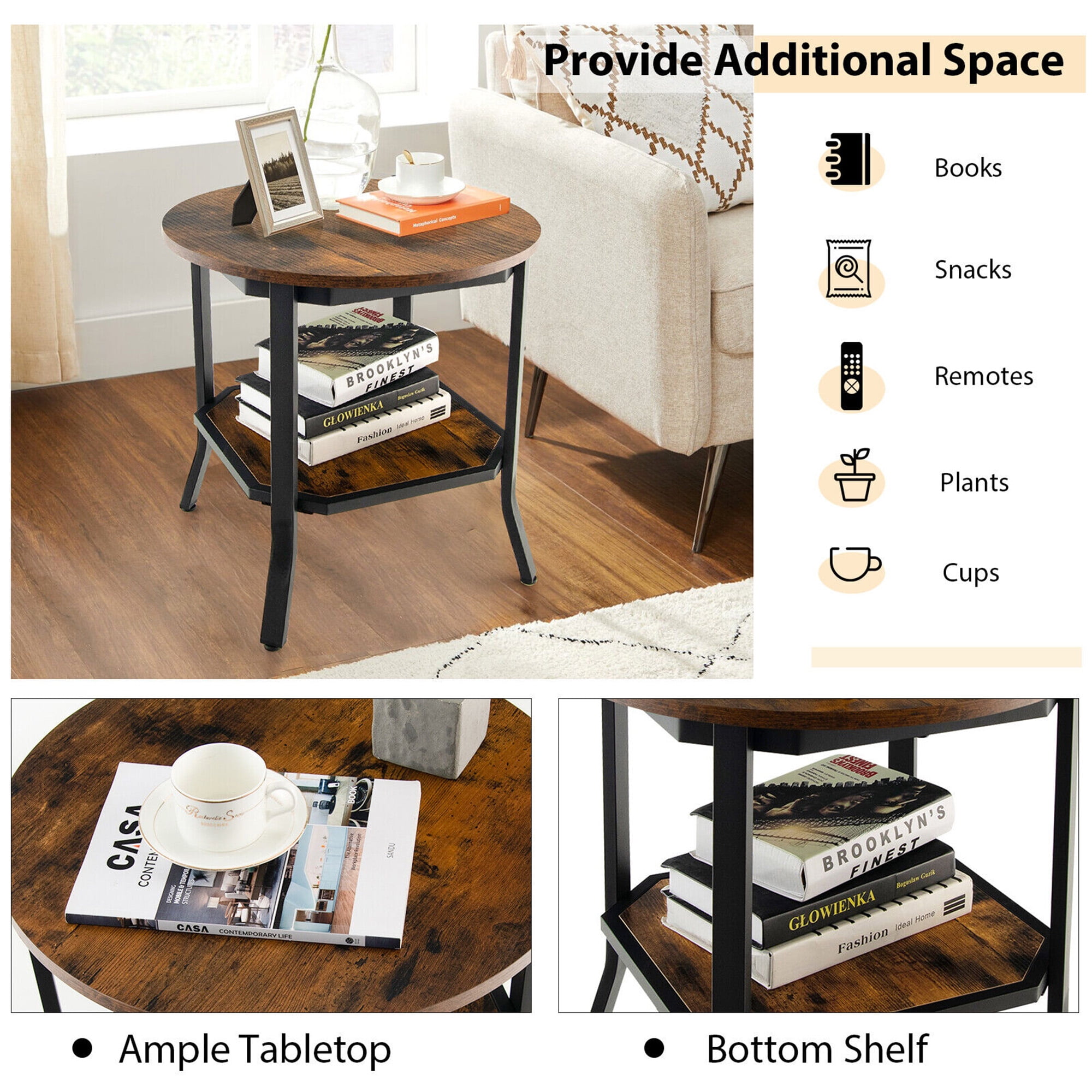 Gymax 2-Tier Sofa End Side Table Nightstand Round Tabletop for Living Room Brown - Image 7