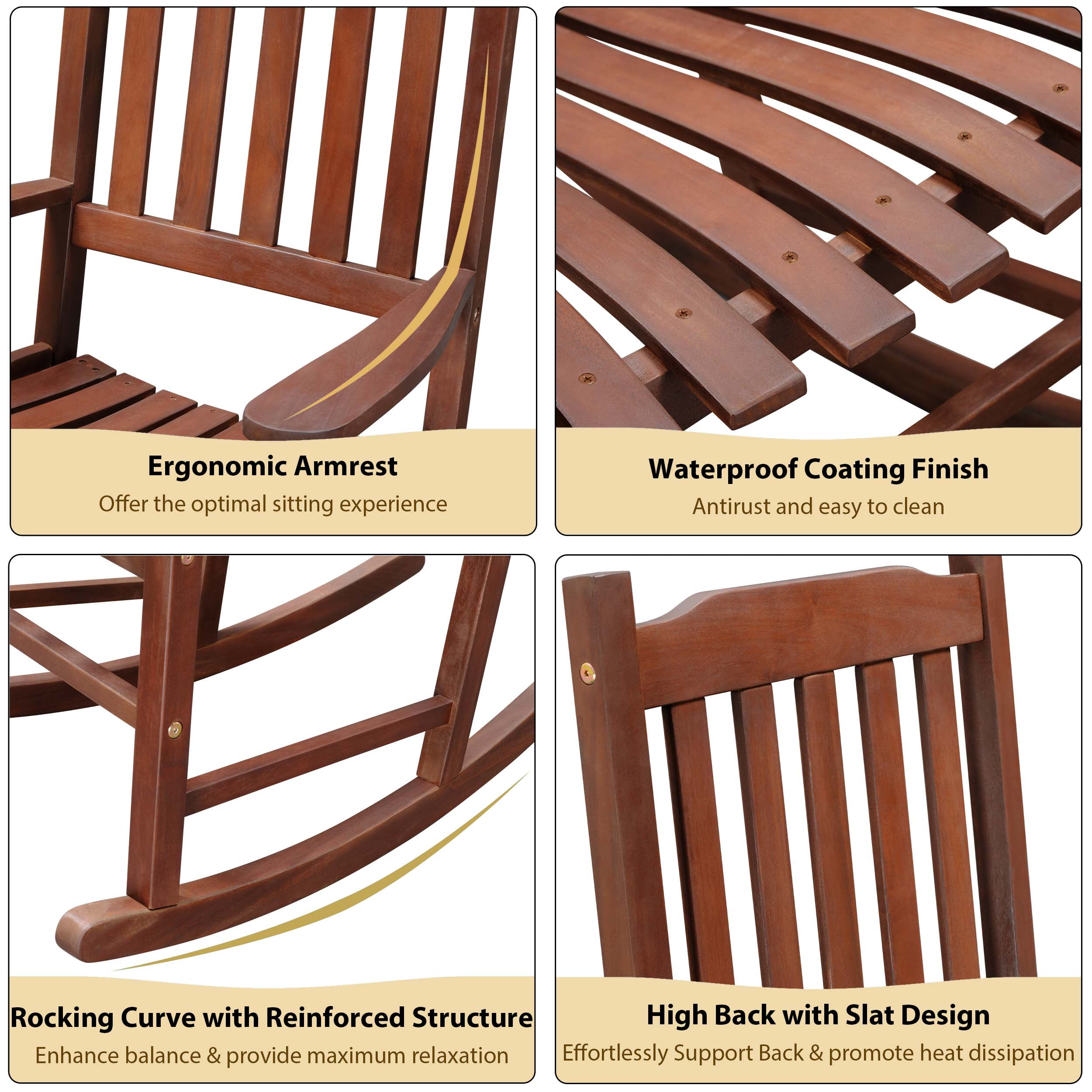TrumanPick Outdoor Rocking Chair Wooden Porch Rocker for Adults Weather Resistant Finish, 25"W x 33"D x 45"H Brown-1Pack - Image 5