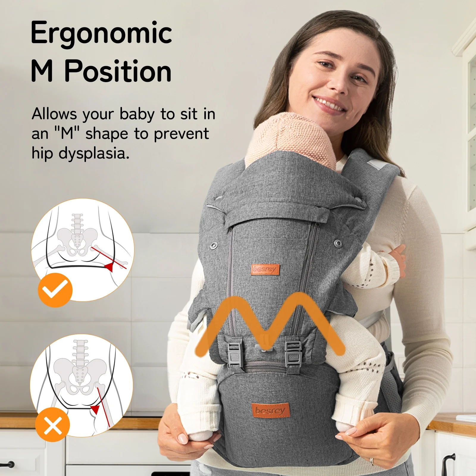 Besrey Baby Carrier with Hip Seat Newborn to Toddler, 7-45lb,Baby Body Holder Chest with Back Support,Gray - Image 9