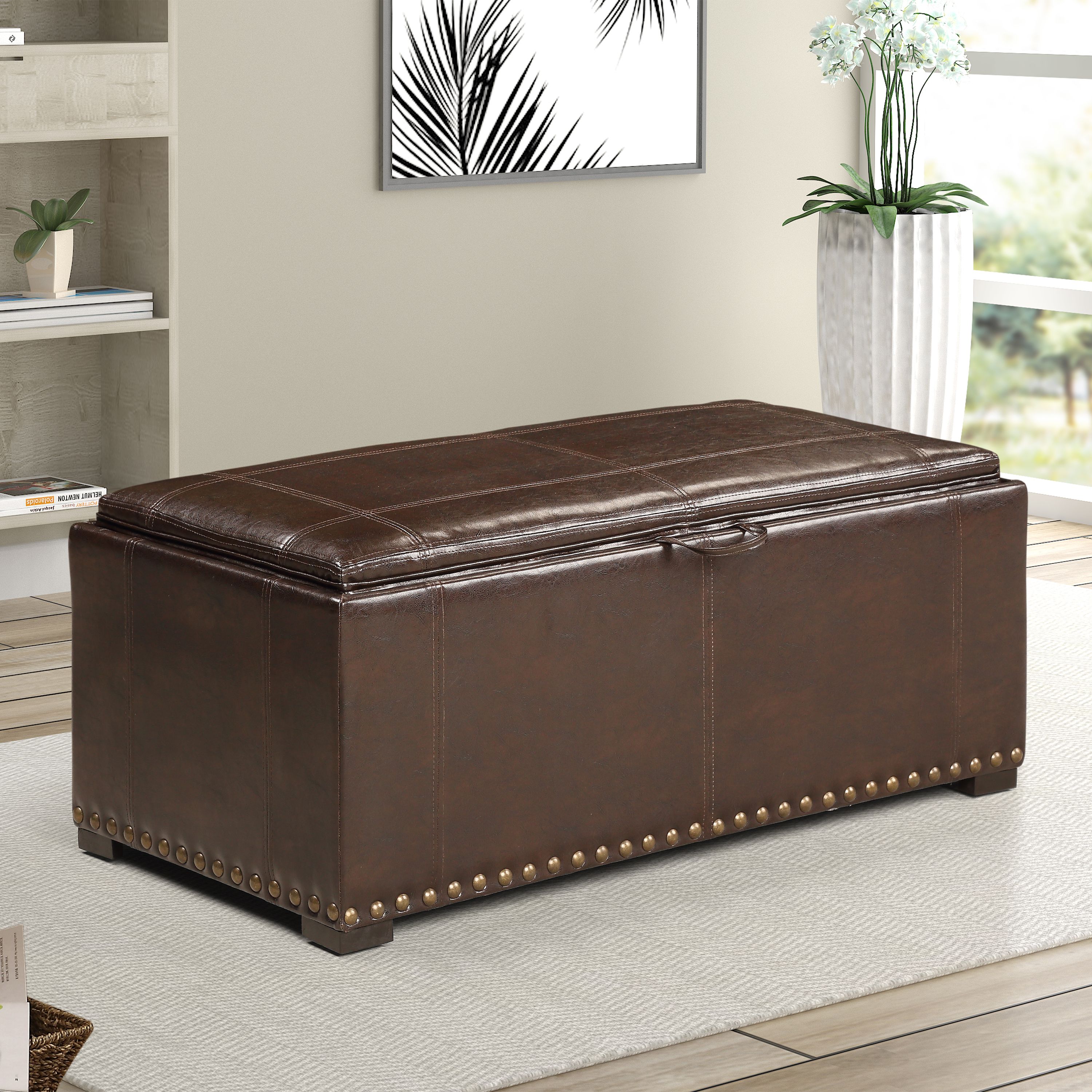 Leather Storage Bench with 2 Side Ottomans, Brown - Image 6