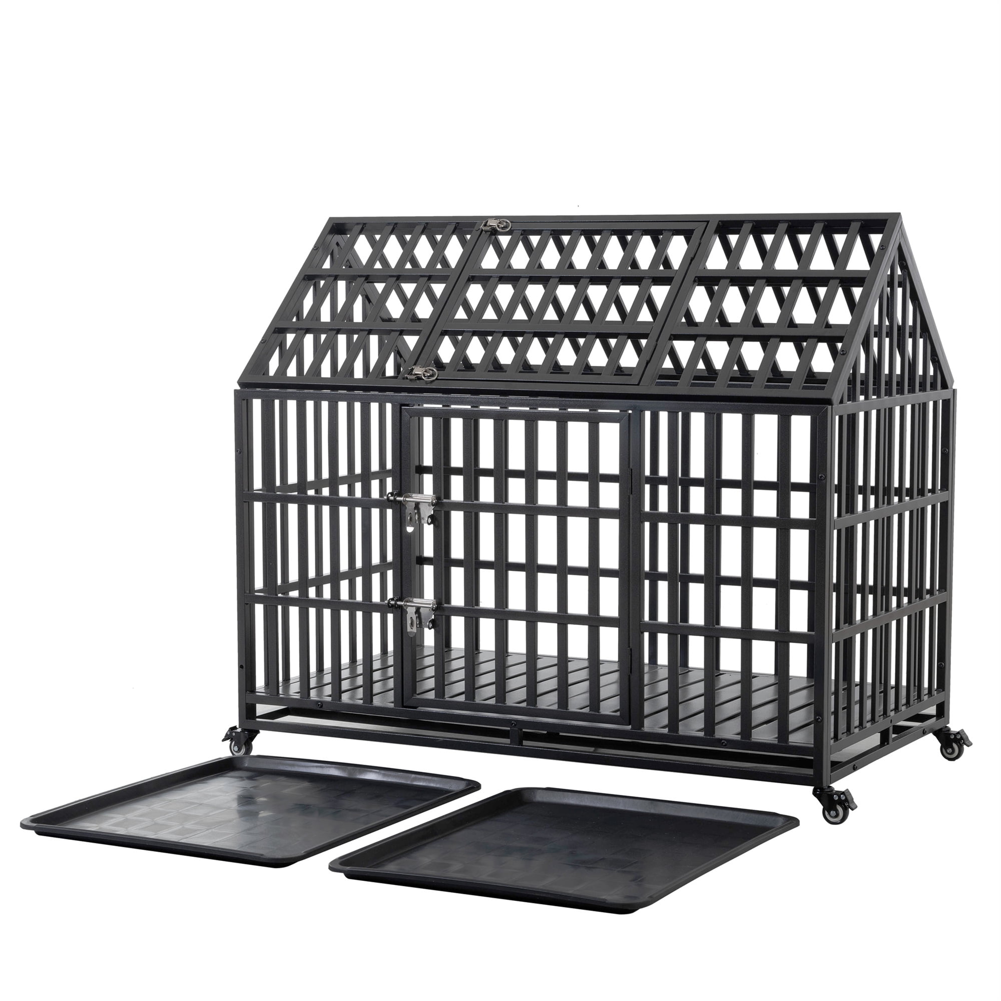 Aukfa 43/47/51 in Heavy Duty Indestructible Dog Crate, House Shape Escape Proof Dog Cage Kennel with Lockable Wheels & Removable Tray - Image 3