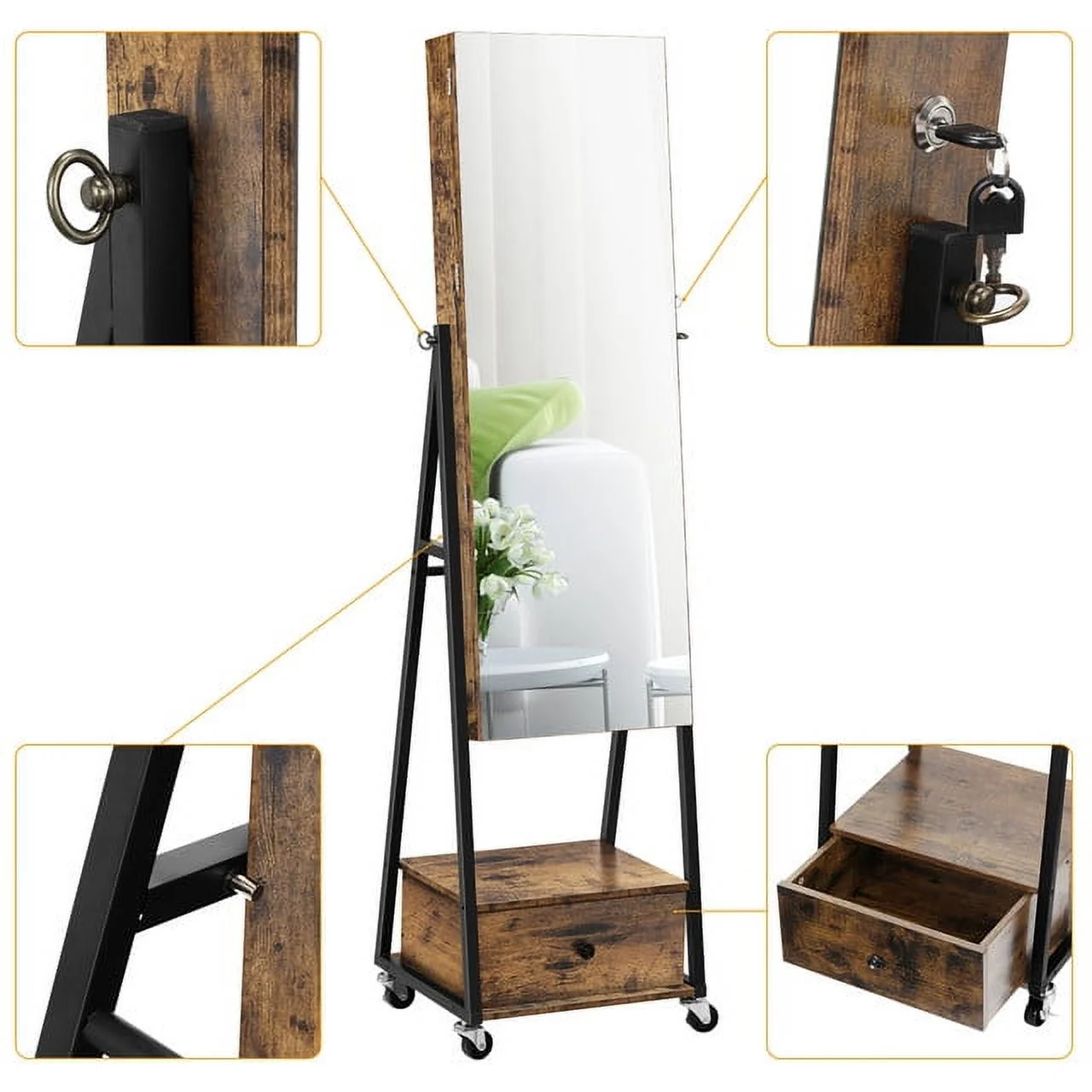 Oumilen Jewelry Armoire on Casters with Chest Drawer in Burnt Wood Brown for Adults - Image 3