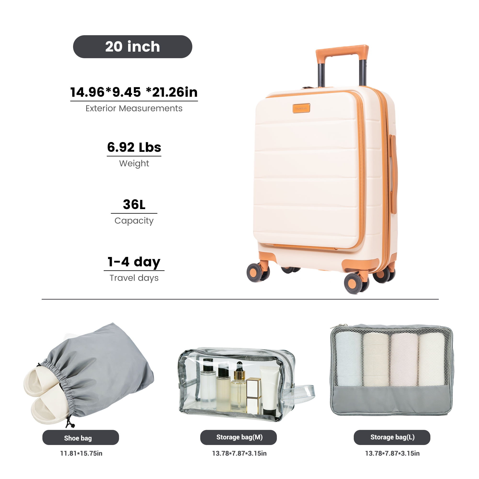 Travelhouse Carry-On Luggage Sets Front Open 4 Piece Hardside Suitcase Set with Spinner Wheels TSA Lock Toiletry Bag and Shoe bag,White - Image 4
