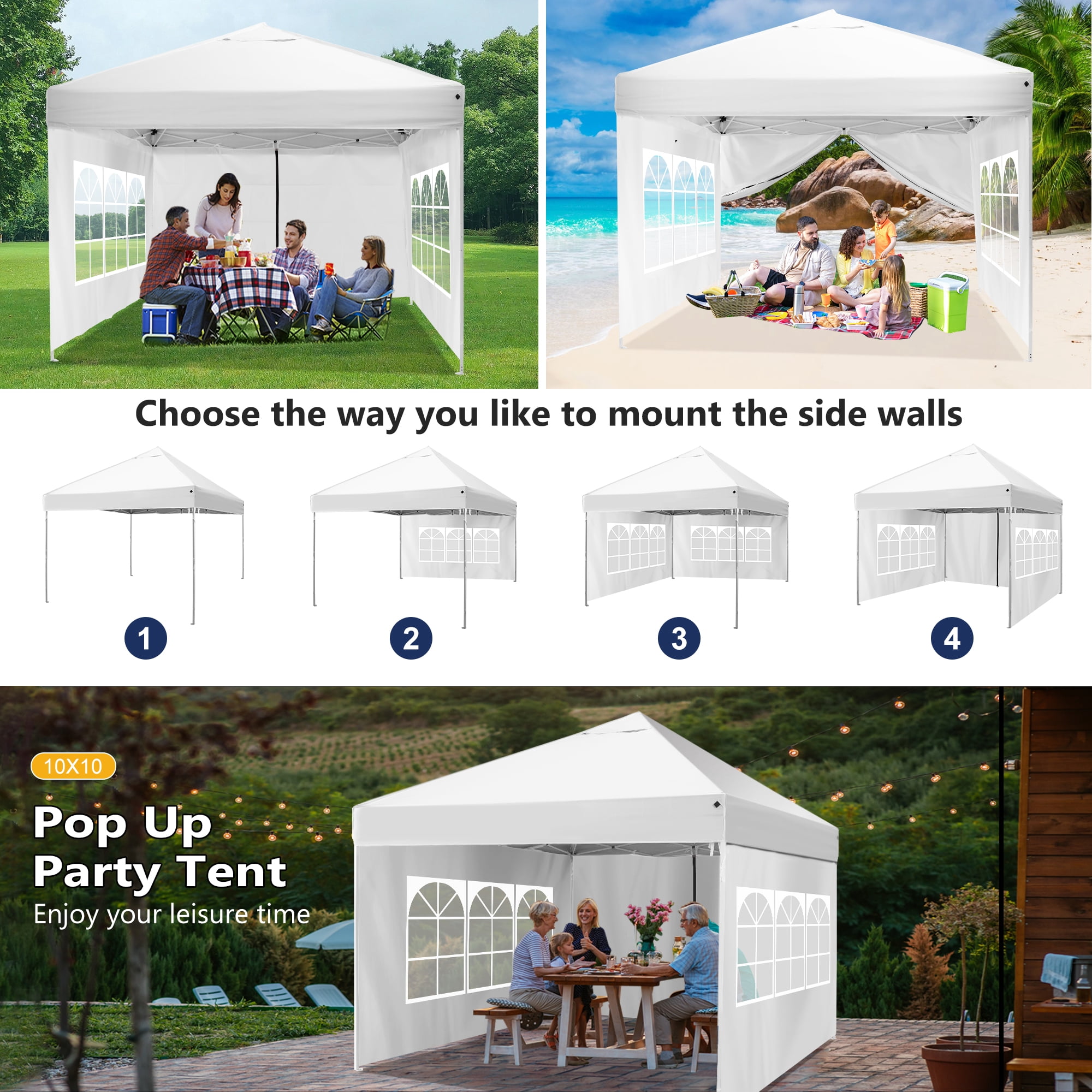 VentuLodge 10' x 10' Pop up Canopy Tent with Sidewalls, Windows, 4 Weight Bags, 8 Stakes, 4 Ropes, Wheeled Bag - White - Image 7