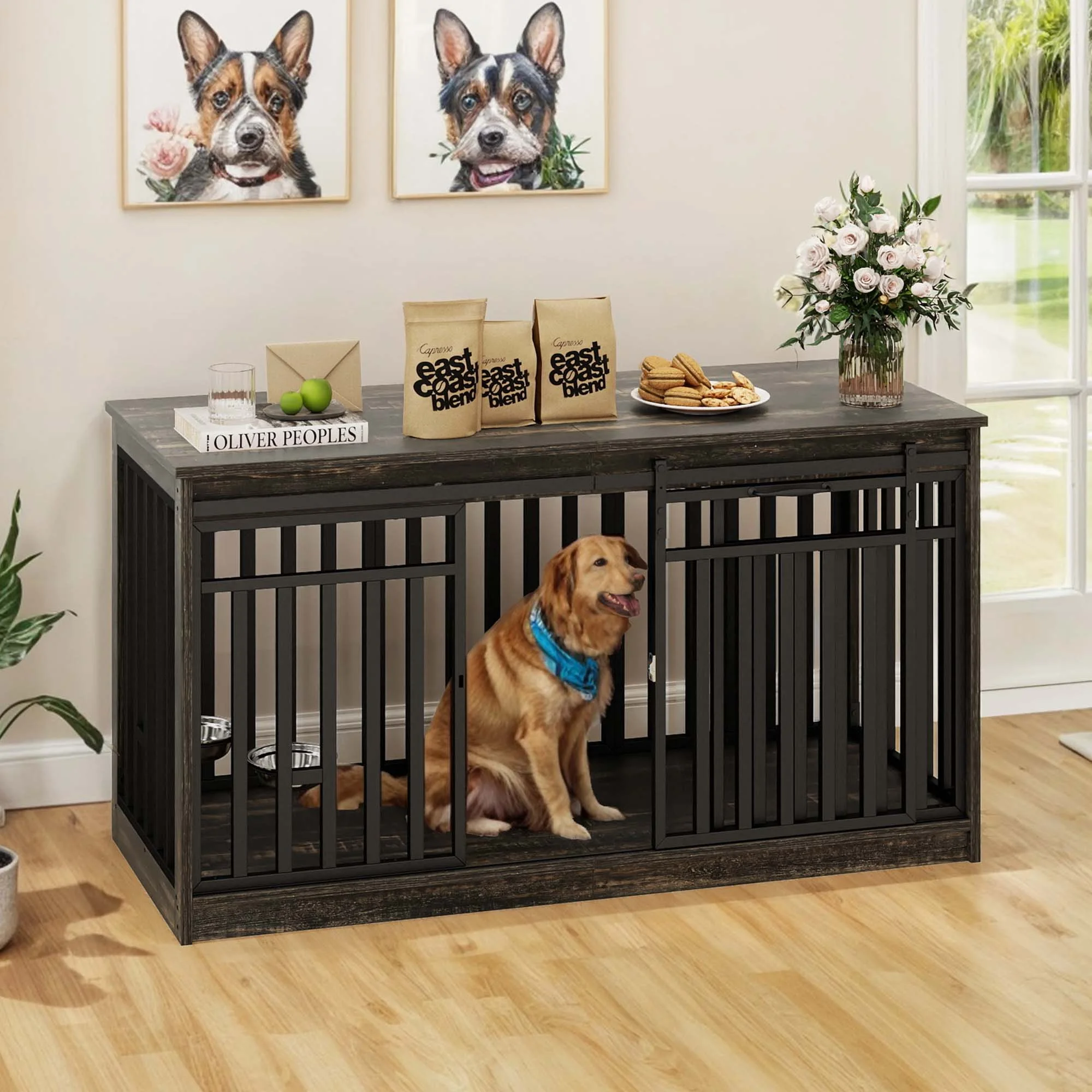 Uforic 55'' W Double Dog Crate Furniture With Sliding Barn Doors & Bowl,Indoor Furniture Style Wooden Large Dog Kennel - Image 6