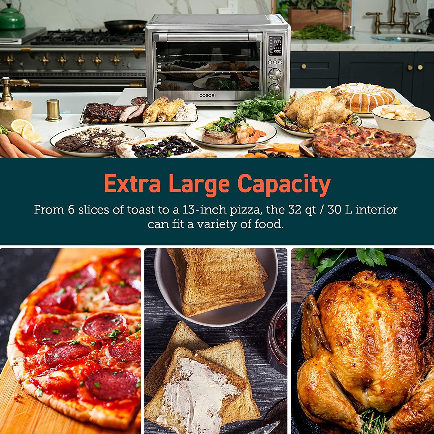 COSORI 32Qt / 30L Smart Air Fryer Toaster Oven, XL Large Capacity, 11 Presets, Rotisserie, Dehydrator, Works with Alexa, Sliver, Bonus Wire Rack - Image 4