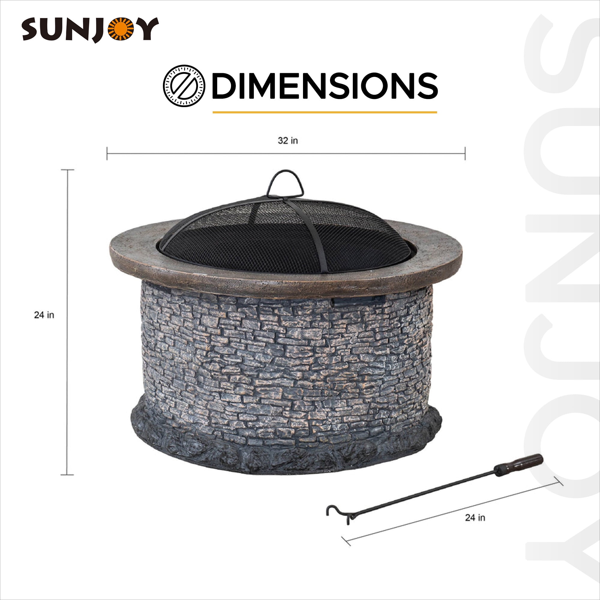 Sunjoy 32 in. Fire Pit for Outside, Outdoor Stone Wood Burning Firepits with Steel Mesh Spark Screen and Fire Poker, Large Bonfire for Patio and Backyard - Image 8