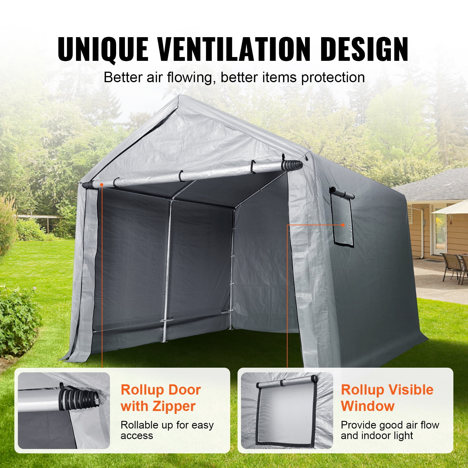 VEVOR Portable Shed Storage Shelter Outdoor, 10x10x8.5 ft Heavy Duty All-Season Instant Storage Tent Tarp Sheds with Roll-up Zipper Door and Ventilated Windows - Image 9