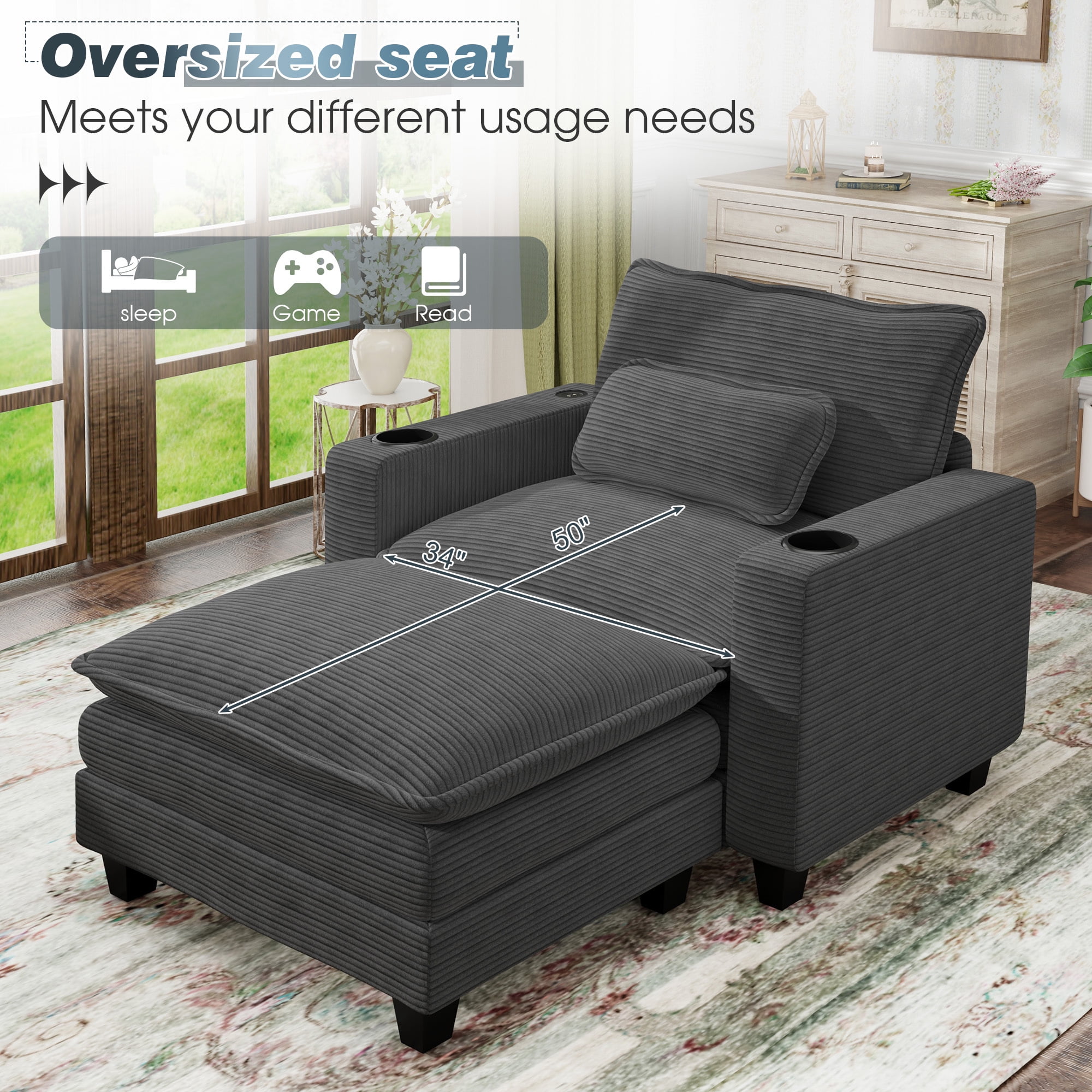 Lunale Oversized Lounge Chair & Ottoman Set - 45.5" Cloud Corduroy Accent Armchair with USB/Cup Holder for Modern Living/Bedroom, Dark Gray - Image 2