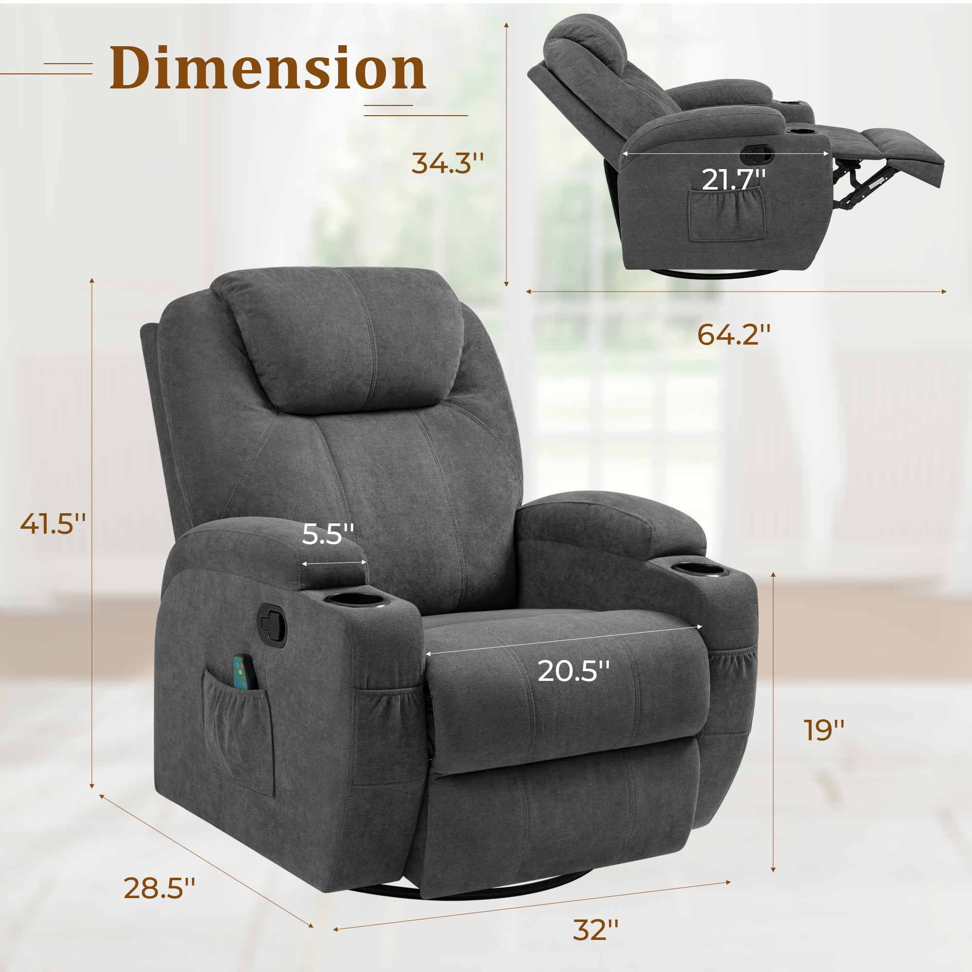 Vineego Recliner,Modern Fabric Rocking Chair with Massage,360 Degree Swivel Single Sofa Seat with Drink Holder - Image 7