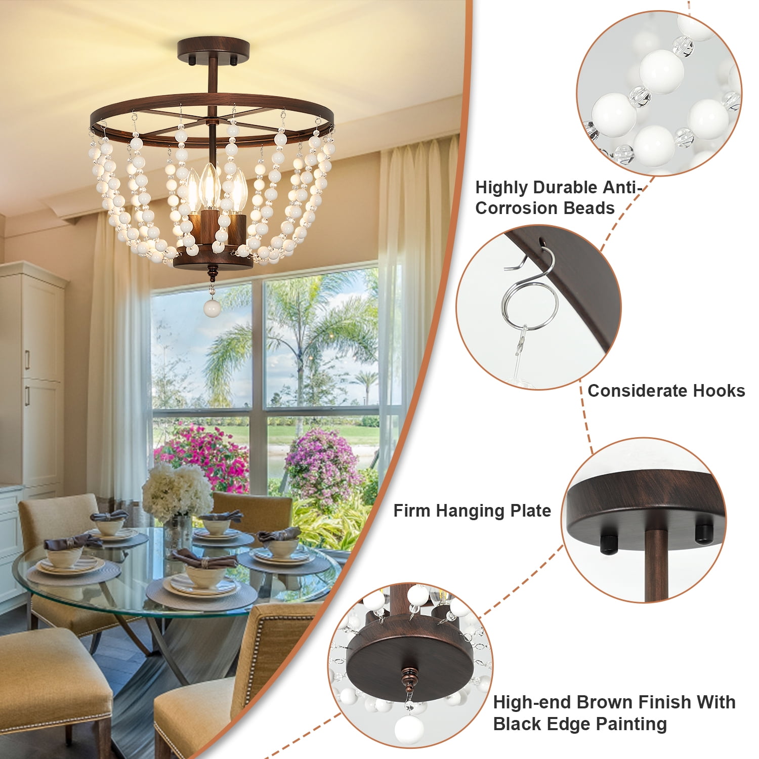 Depuley 3 Light Boho Chandlier Beaded Pendant Light Bohemian Chandelier Rustic Semi Flush Mount Ceiling Light for Kitchen Living Room Bedroom Dining, E26 Socket - Image 8