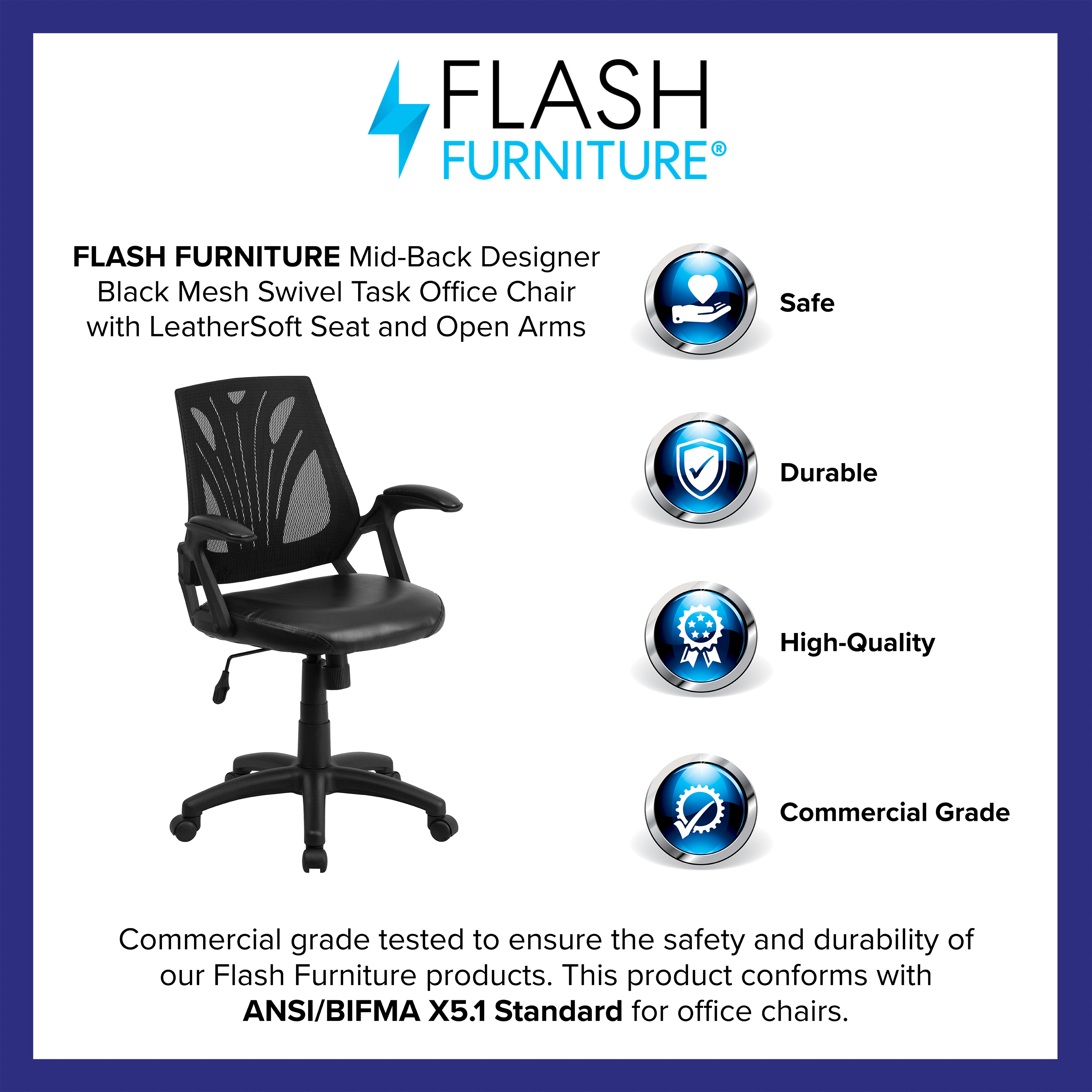 Flash Furniture Sam Mid-Back Designer Black Mesh Swivel Task Office Chair with LeatherSoft Seat and Open Arms - Image 8