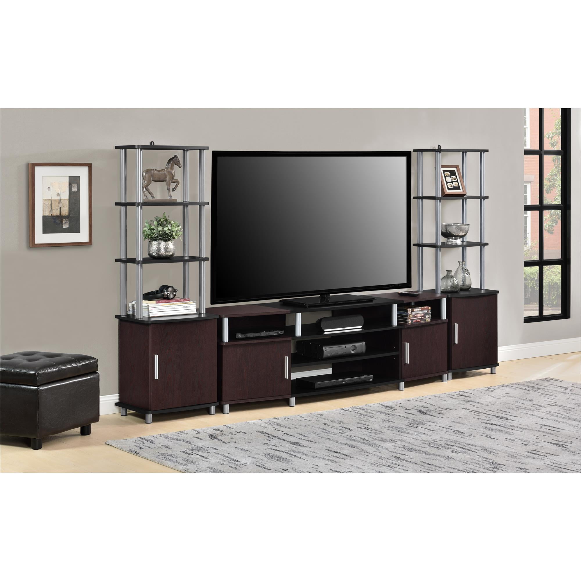 Ameriwood Home Carson TV Stand fits up to 70" with Multiple Open Shelves, Cherry and Black - Image 2
