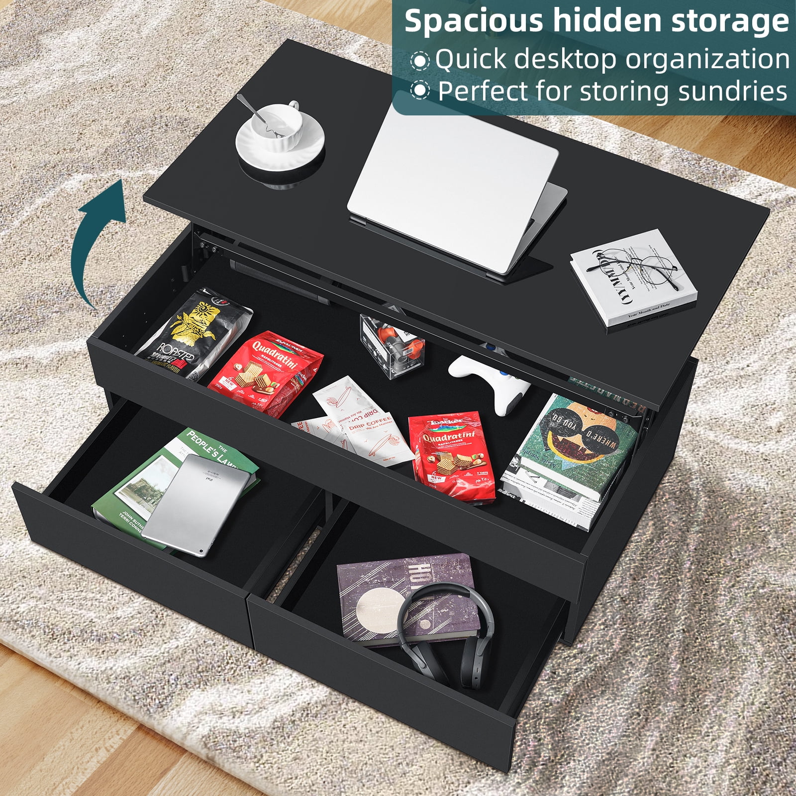 Hommpa LED Lift Top Coffee Table with Storage Modern Coffee Tables for Living Room Rectangle High Gloss Center Table with 2 Drawers - Image 4